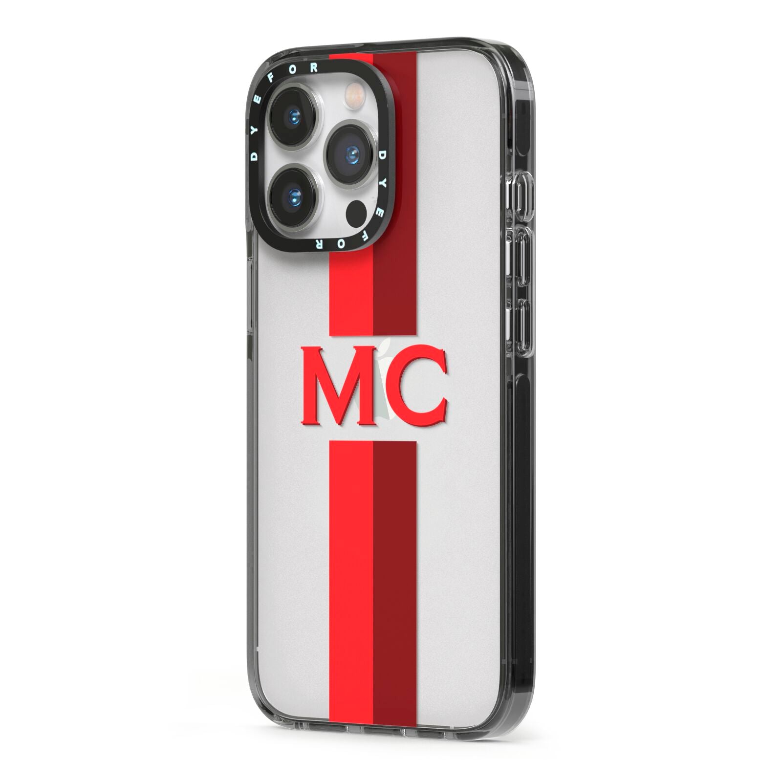 Personalised Transparent Red Bordeaux Stripe iPhone 13 Pro Black Impact Case Side Angle on Silver phone