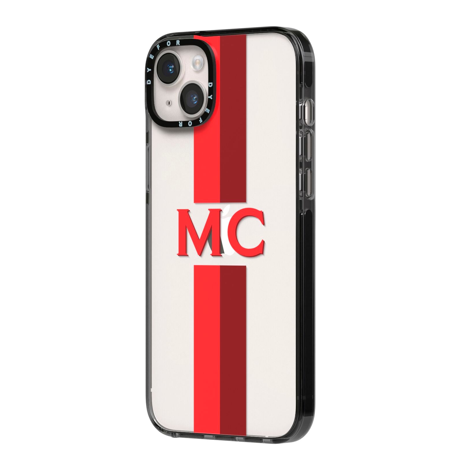 Personalised Transparent Red Bordeaux Stripe iPhone 14 Plus Black Impact Case Side Angle on Silver phone