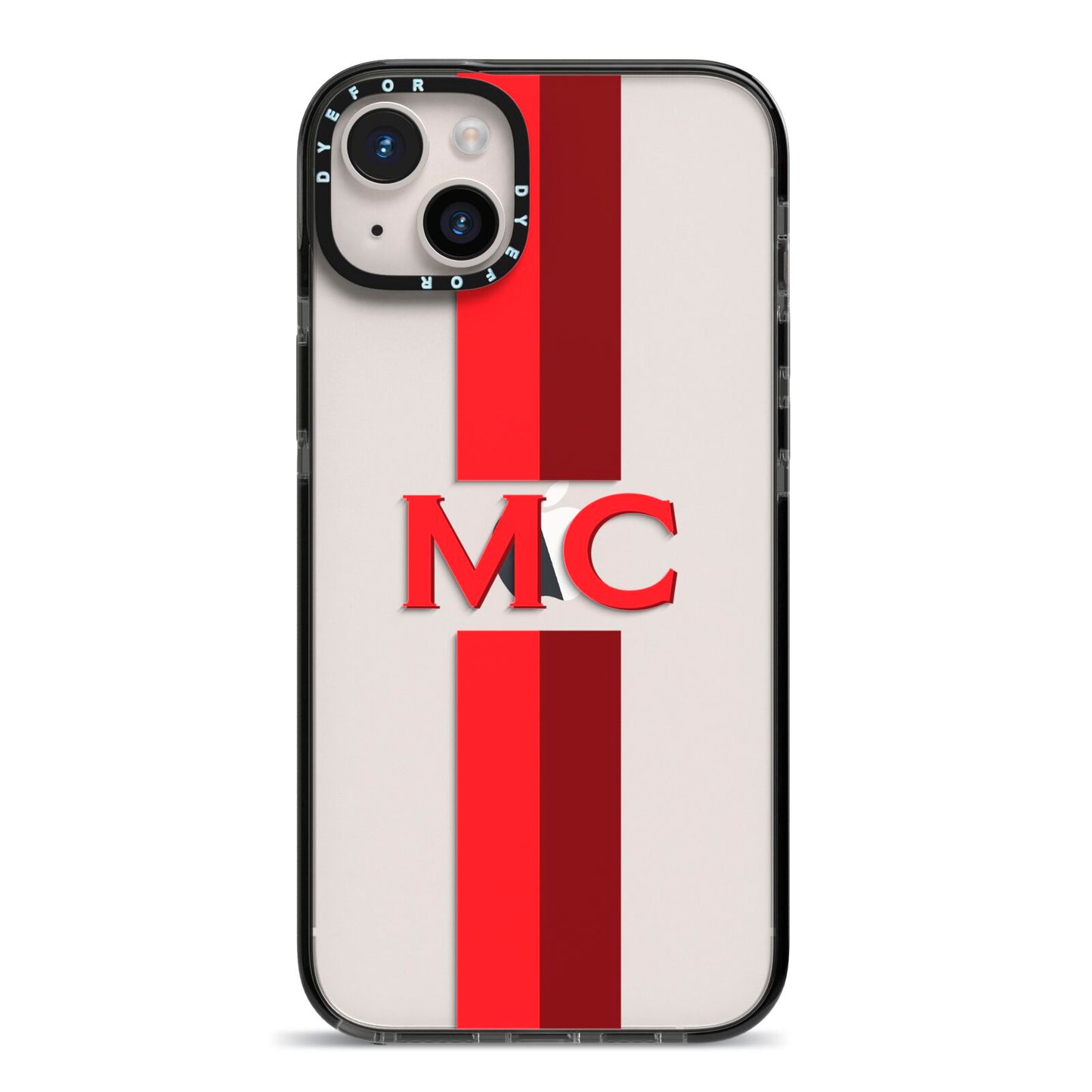 Personalised Transparent Red Bordeaux Stripe iPhone 14 Plus Black Impact Case on Silver phone