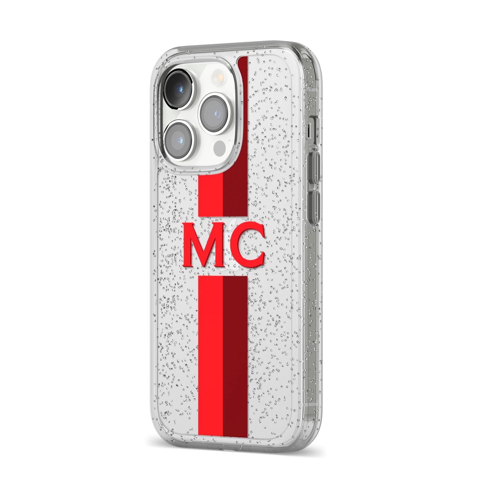 Personalised Transparent Red Bordeaux Stripe iPhone 14 Pro Glitter Tough Case Silver Angled Image