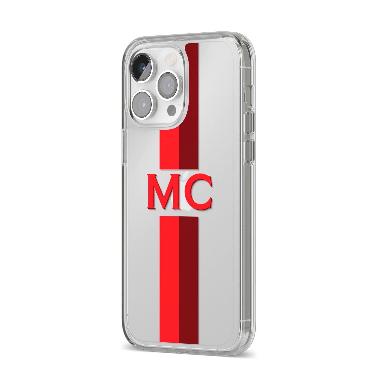 Personalised Transparent Red Bordeaux Stripe iPhone 14 Pro Max Clear Tough Case Silver Angled Image