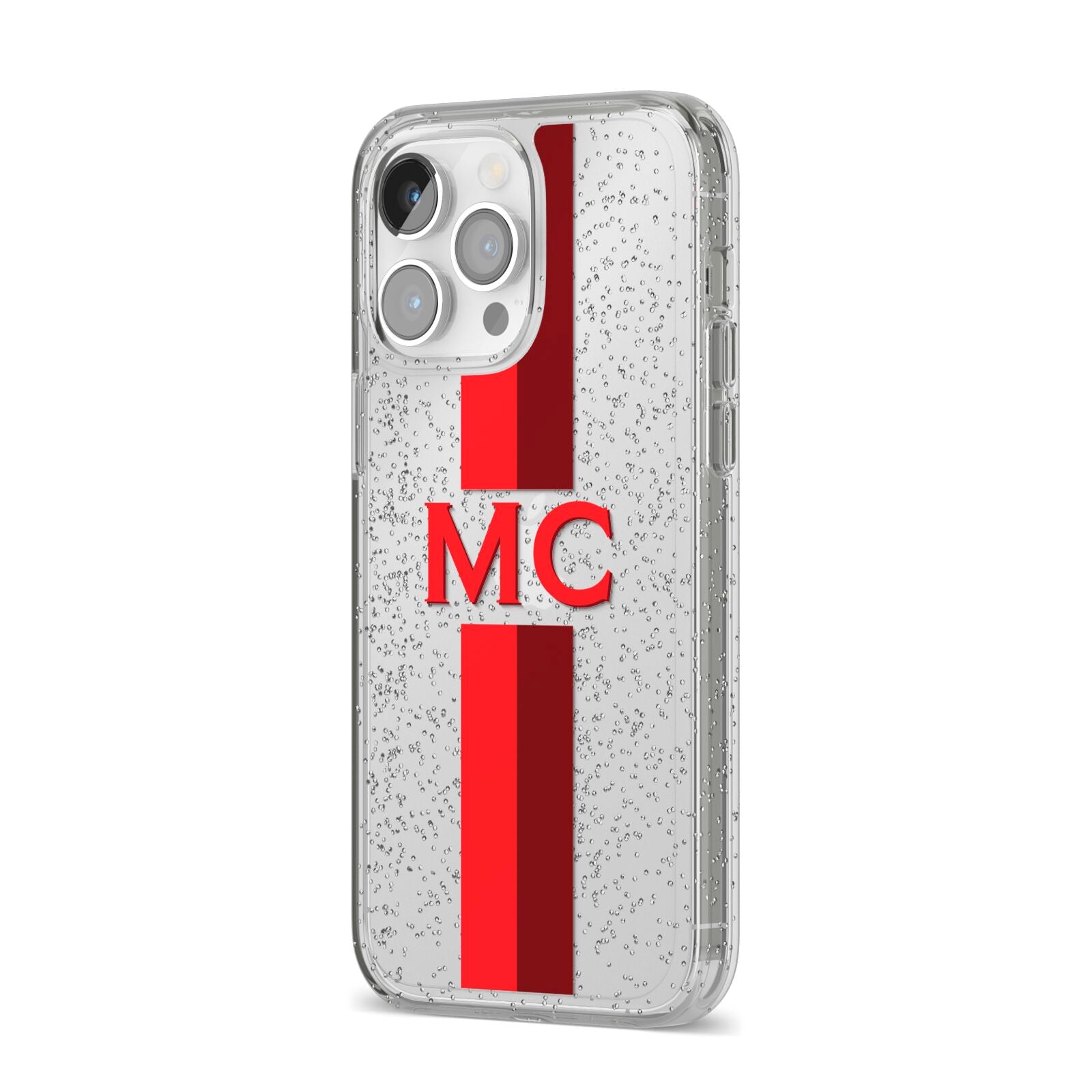 Personalised Transparent Red Bordeaux Stripe iPhone 14 Pro Max Glitter Tough Case Silver Angled Image