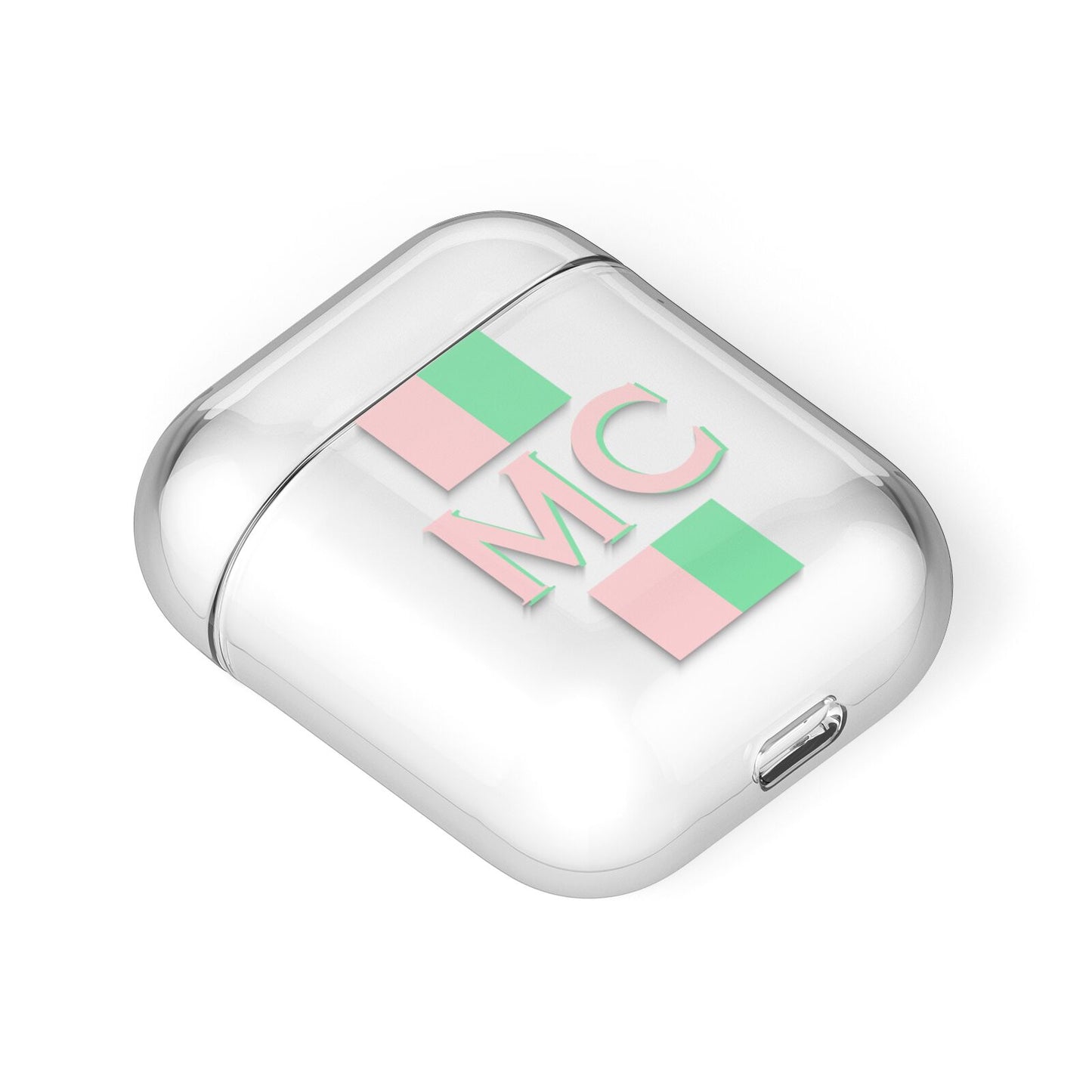 Personalised Transparent Striped Pink Green AirPods Case Laid Flat