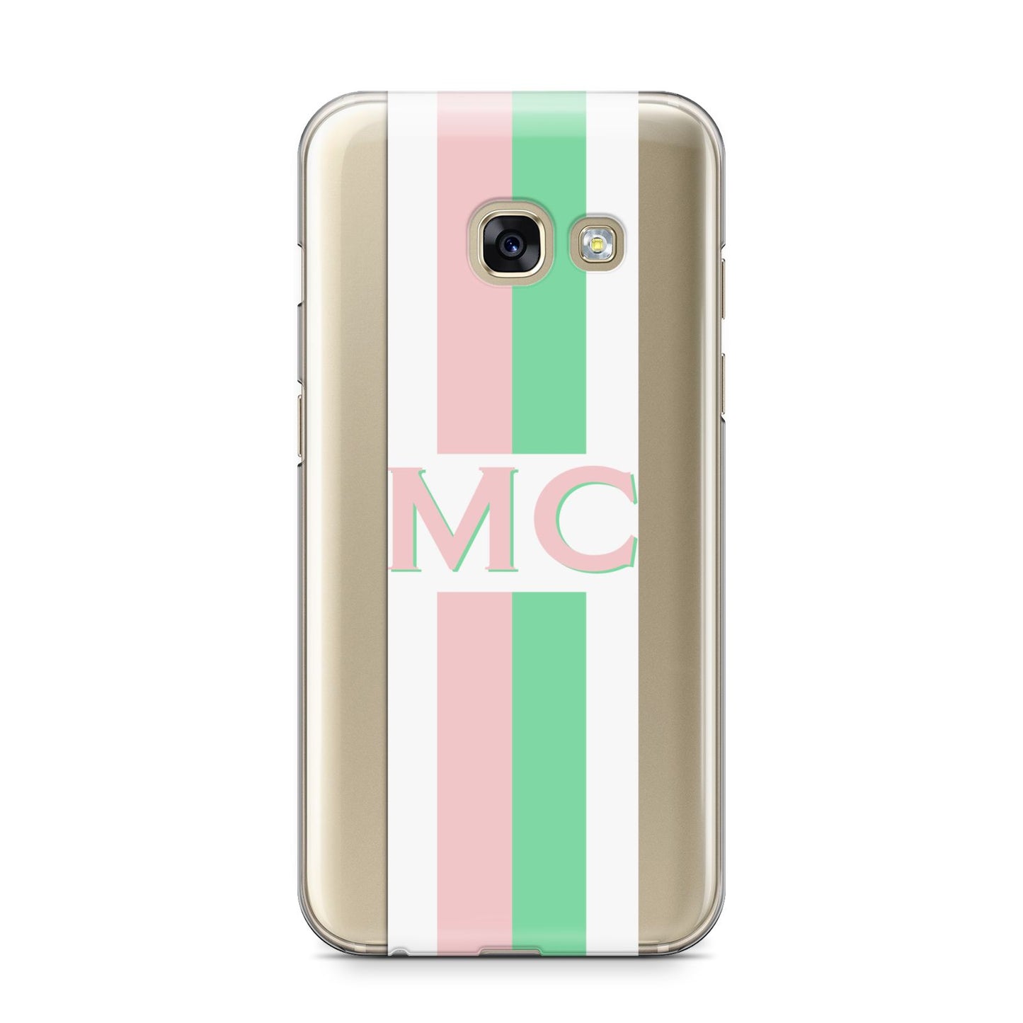 Personalised Transparent Striped Pink Green Samsung Galaxy A3 2017 Case on gold phone