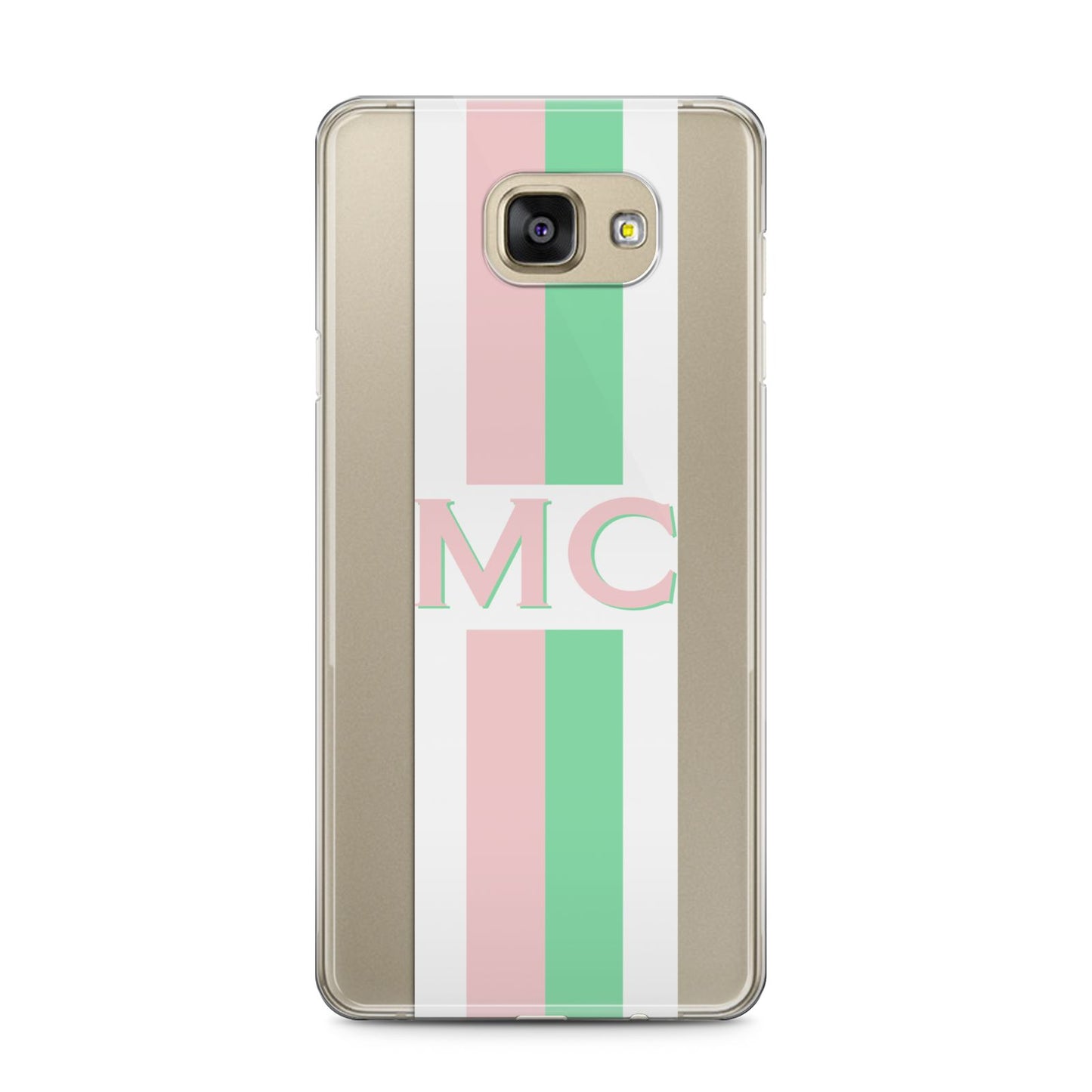 Personalised Transparent Striped Pink Green Samsung Galaxy A5 2016 Case on gold phone