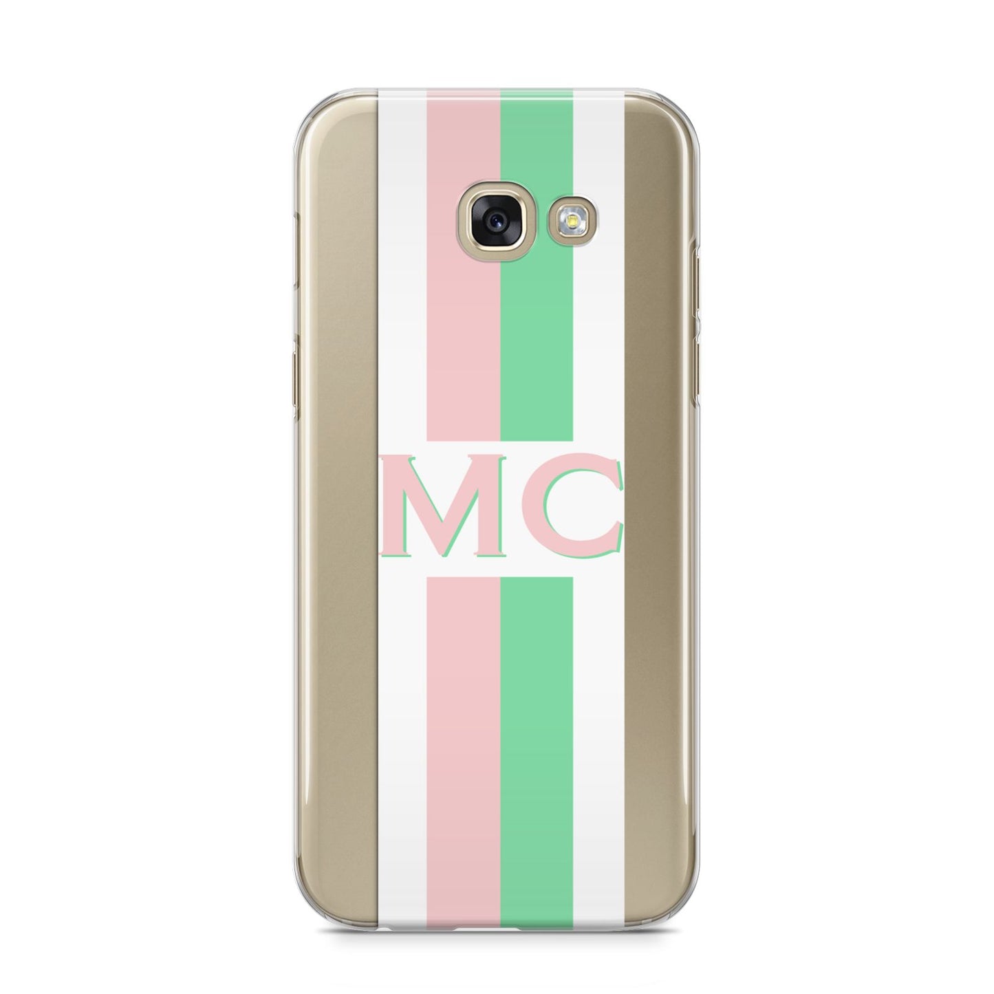 Personalised Transparent Striped Pink Green Samsung Galaxy A5 2017 Case on gold phone