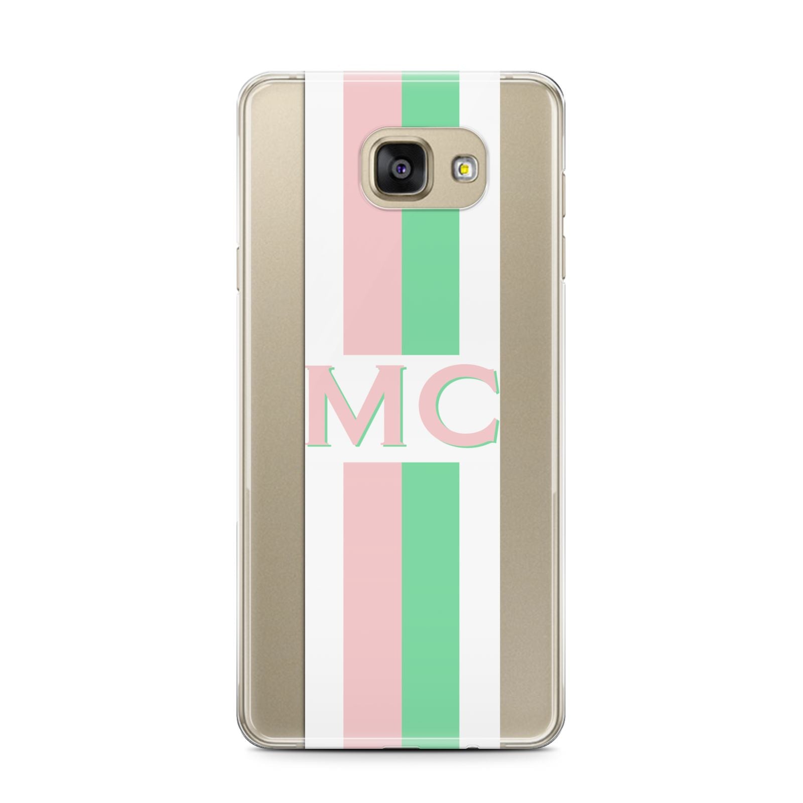 Personalised Transparent Striped Pink Green Samsung Galaxy A7 2016 Case on gold phone