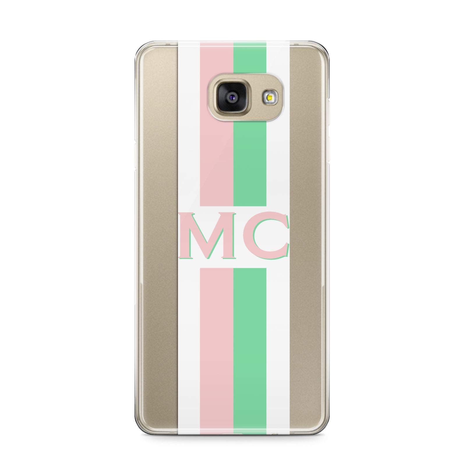 Personalised Transparent Striped Pink Green Samsung Galaxy A9 2016 Case on gold phone