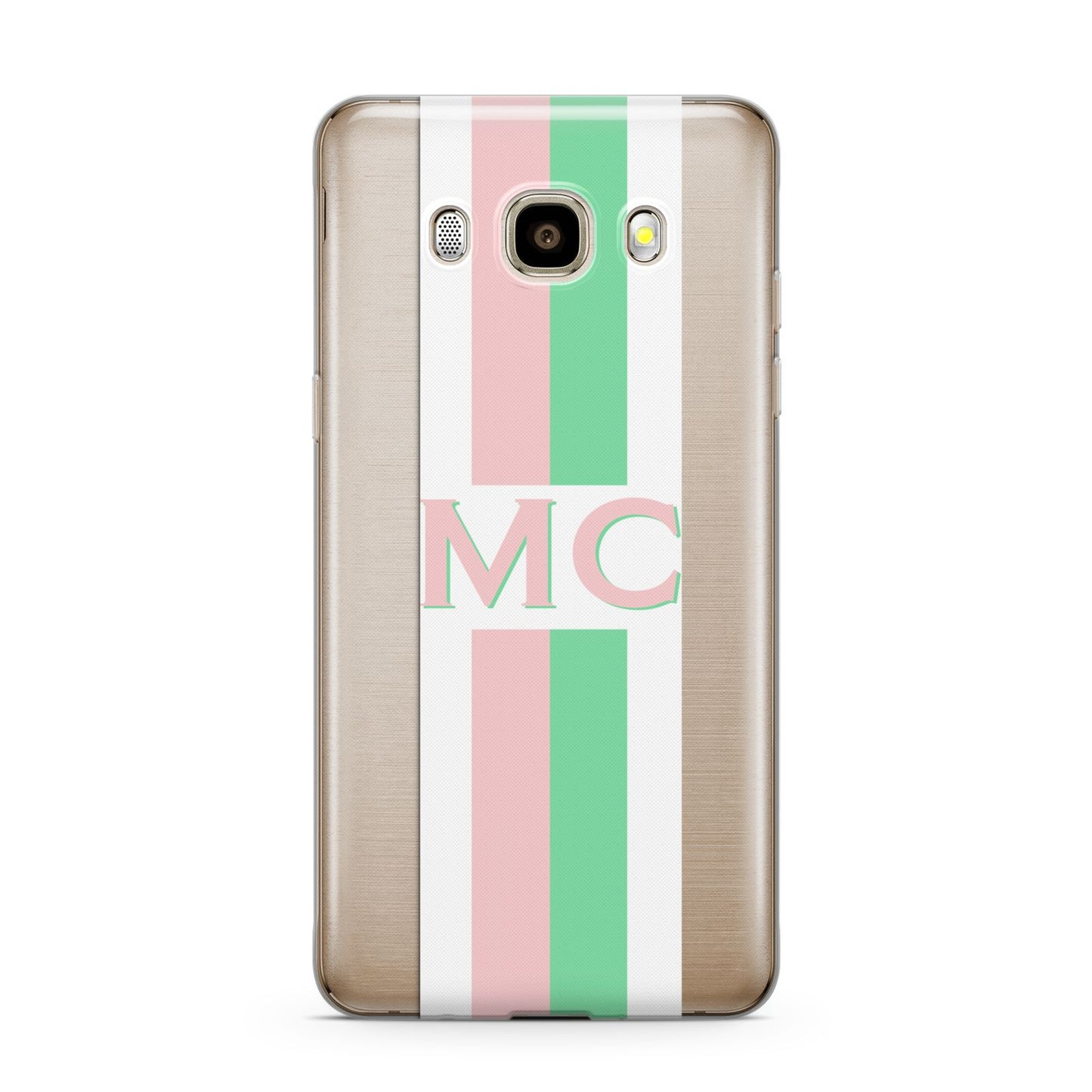Personalised Transparent Striped Pink Green Samsung Galaxy J7 2016 Case on gold phone