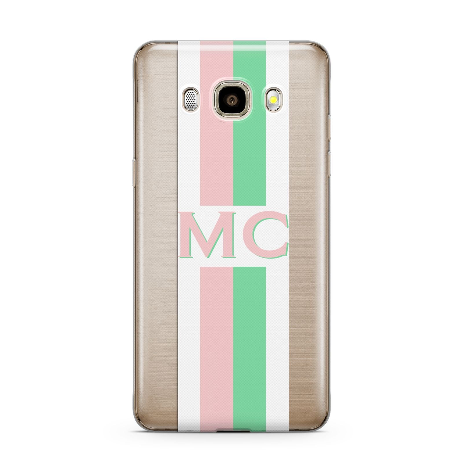 Personalised Transparent Striped Pink Green Samsung Galaxy J7 2016 Case on gold phone