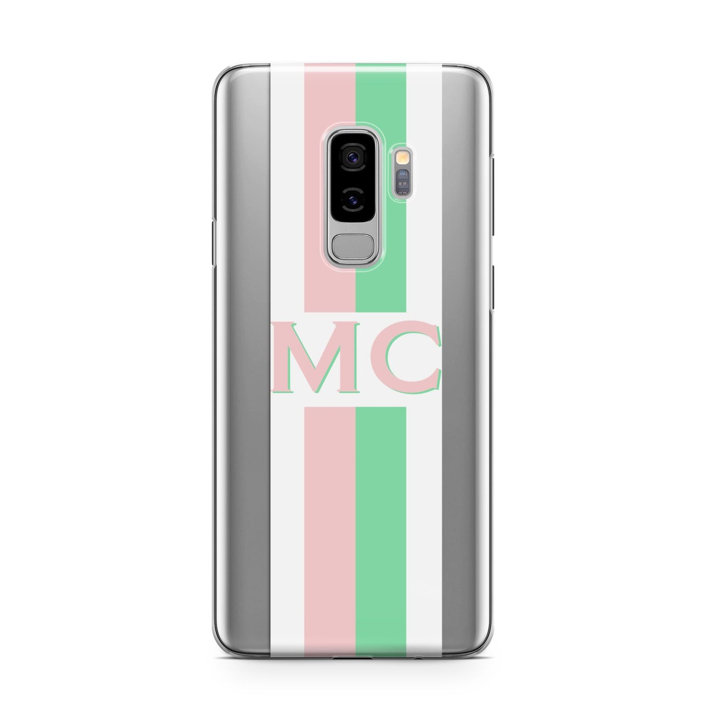 Personalised Transparent Striped Pink Green Samsung Galaxy S9 Plus Case on Silver phone