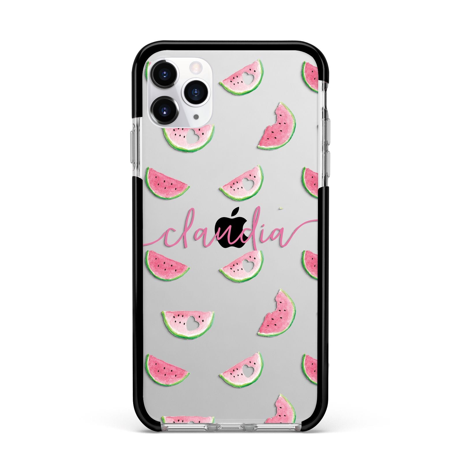 Personalised Transparent Watermelon Apple iPhone 11 Pro Max in Silver with Black Impact Case