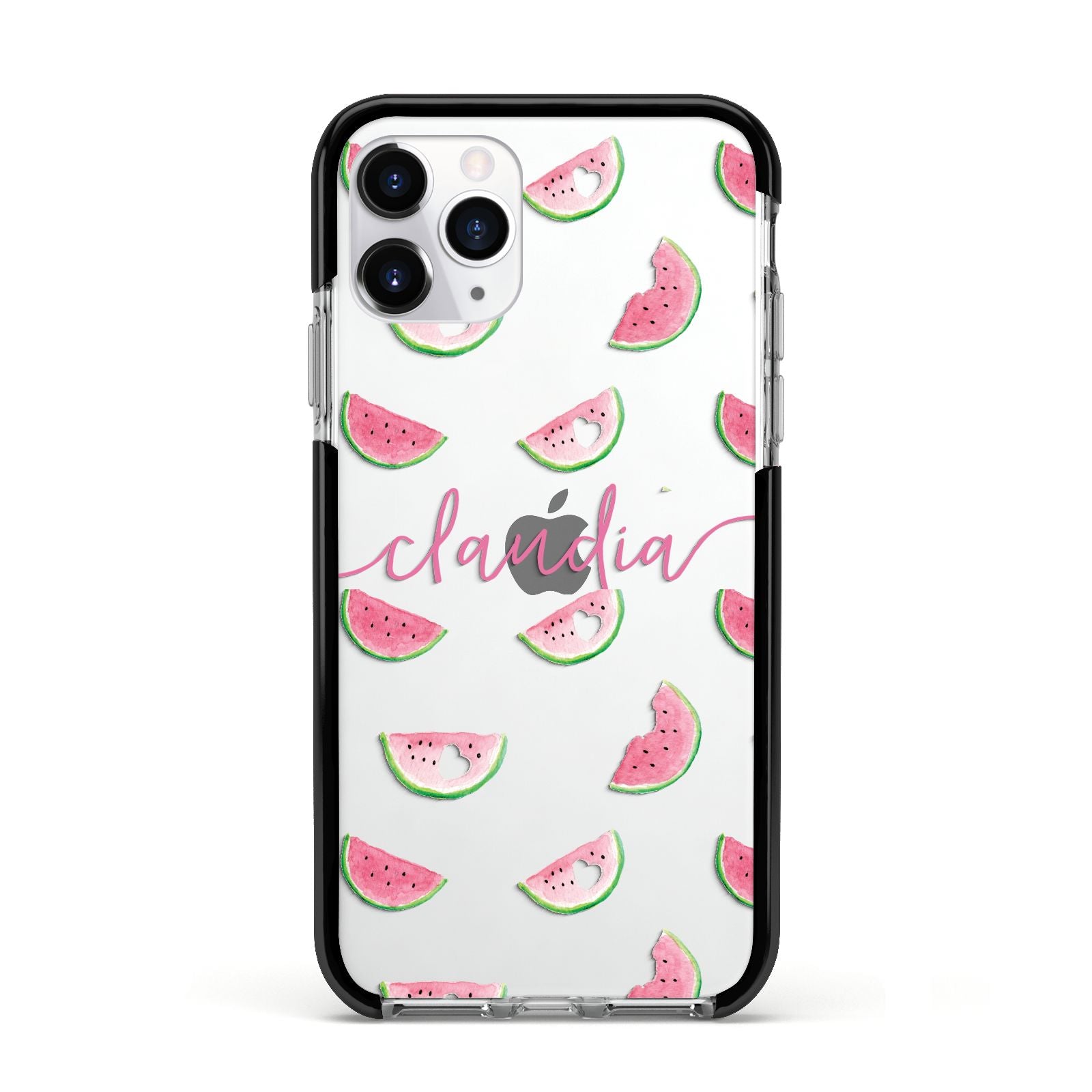 Personalised Transparent Watermelon Apple iPhone 11 Pro in Silver with Black Impact Case