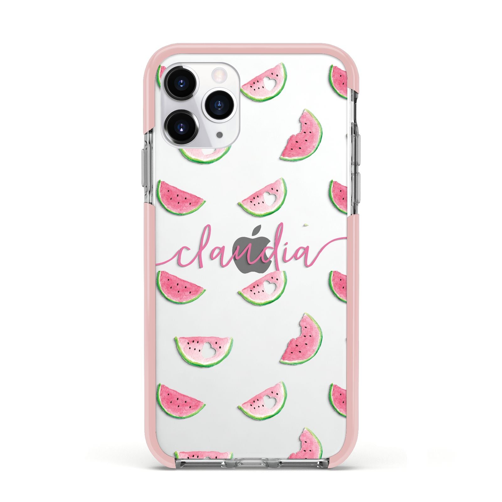 Personalised Transparent Watermelon Apple iPhone 11 Pro in Silver with Pink Impact Case