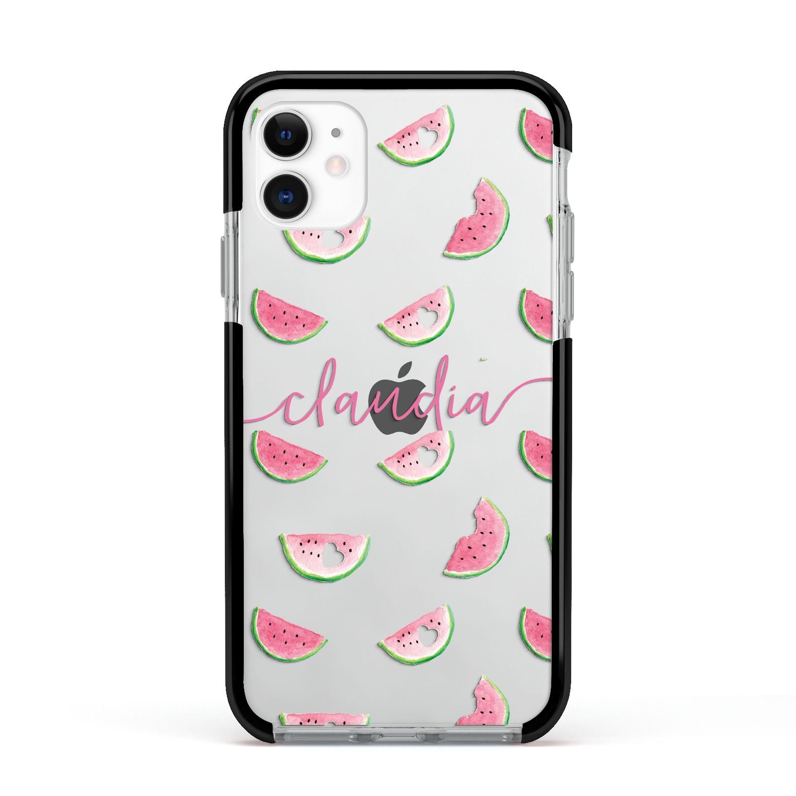 Personalised Transparent Watermelon Apple iPhone 11 in White with Black Impact Case