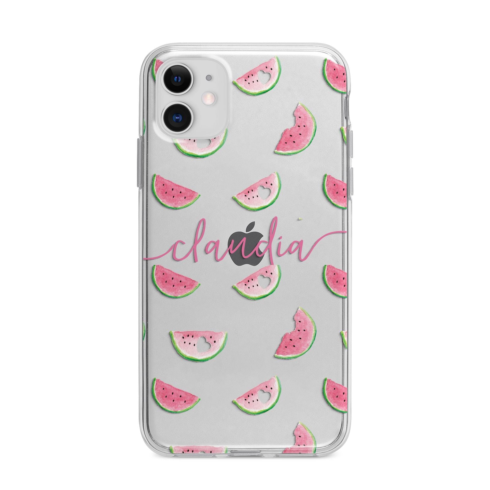 Personalised Transparent Watermelon Apple iPhone 11 in White with Bumper Case