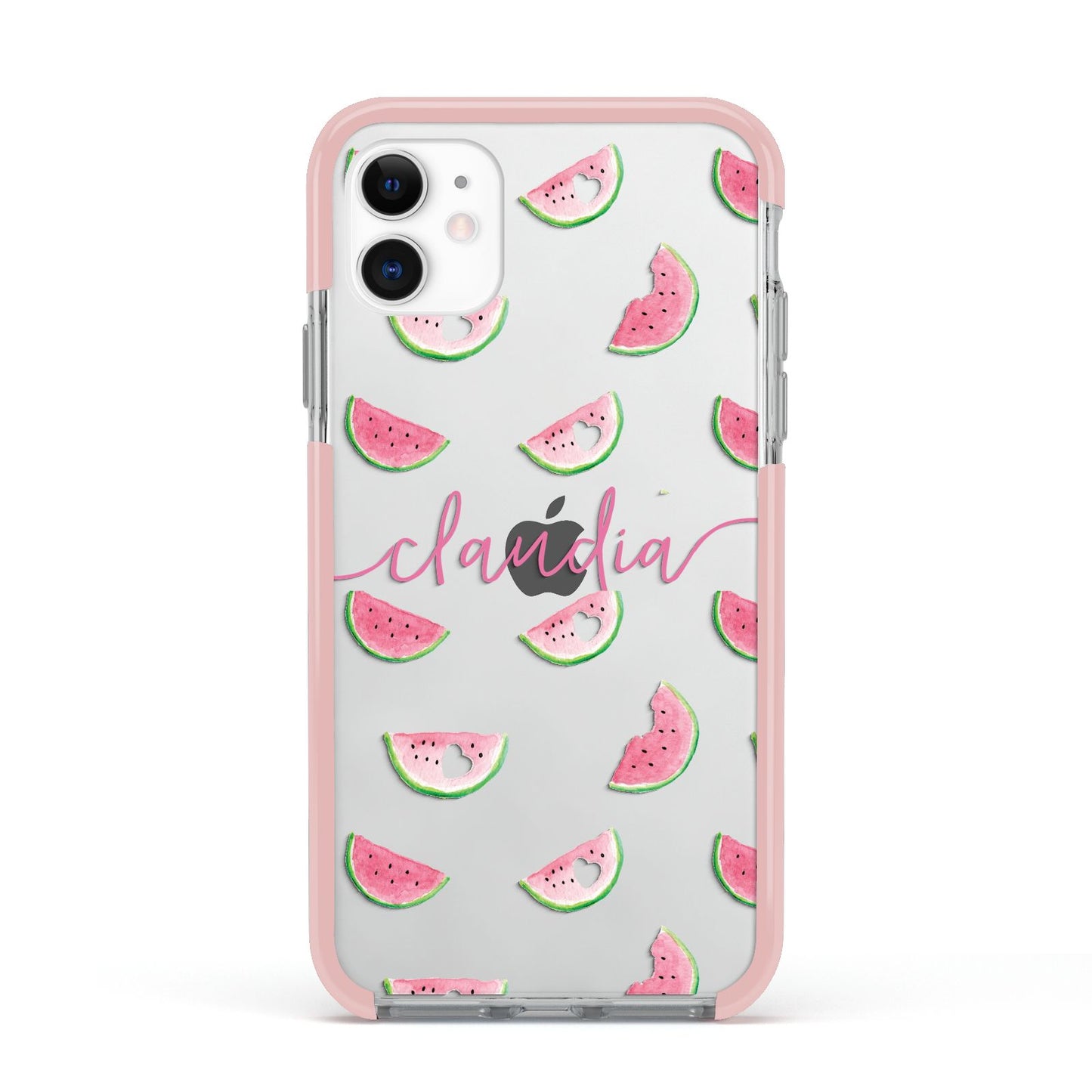 Personalised Transparent Watermelon Apple iPhone 11 in White with Pink Impact Case