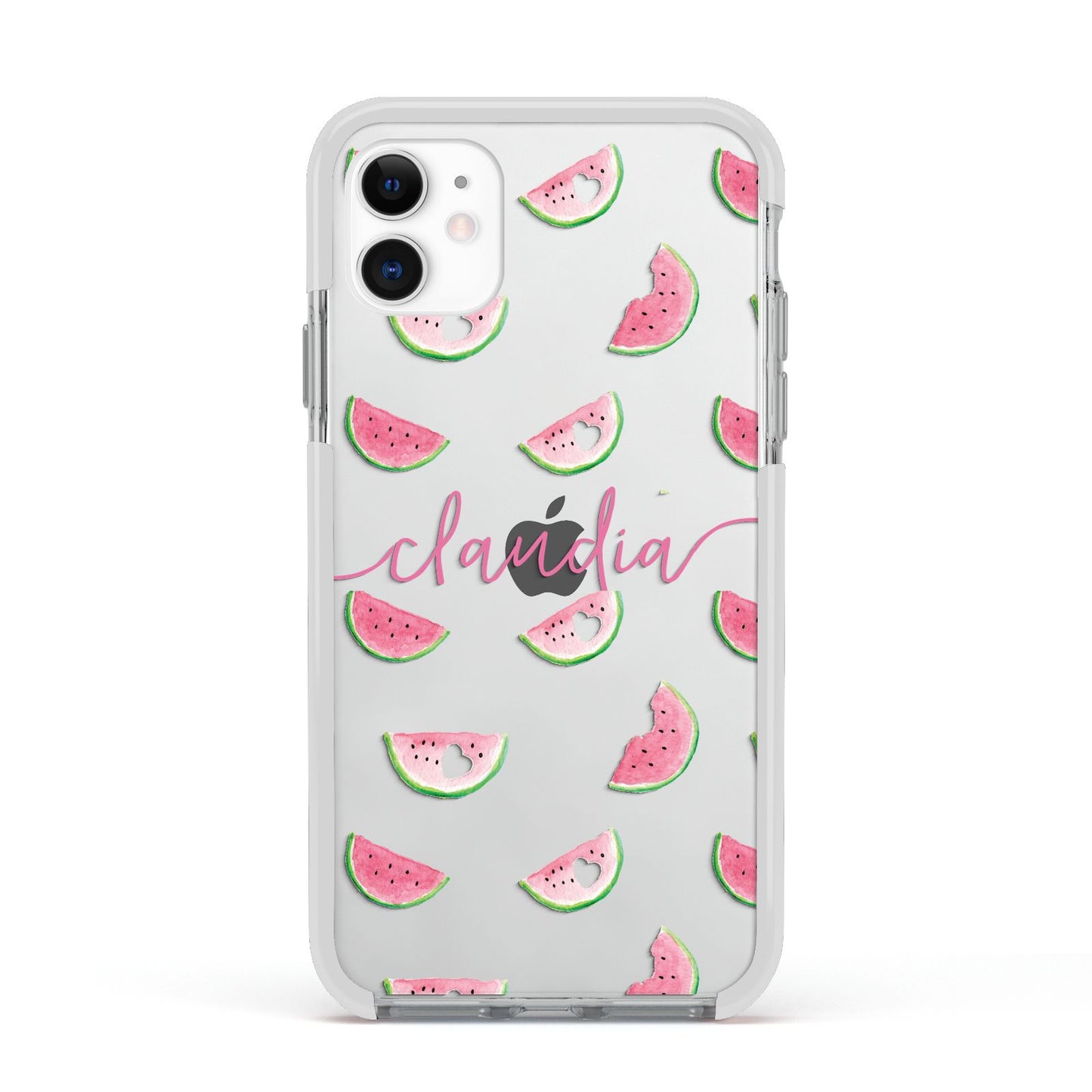 Personalised Transparent Watermelon Apple iPhone 11 in White with White Impact Case