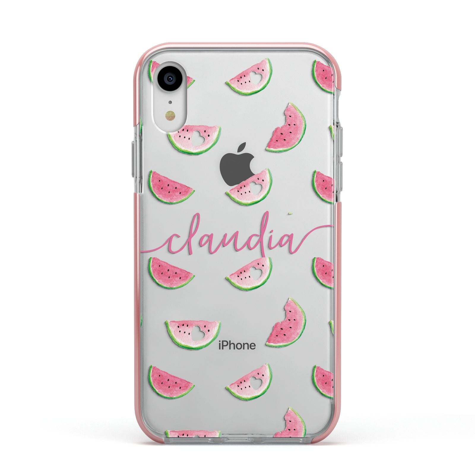 Personalised Transparent Watermelon Apple iPhone XR Impact Case Pink Edge on Silver Phone