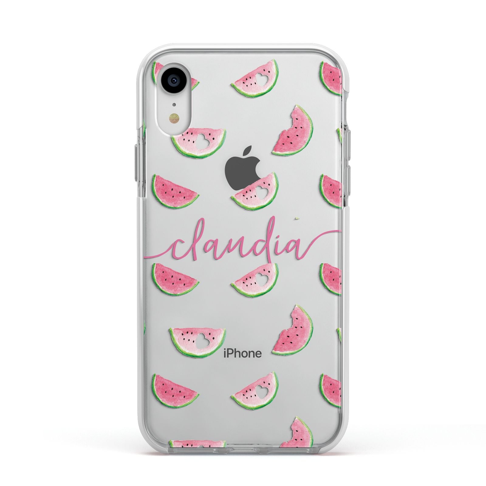 Personalised Transparent Watermelon Apple iPhone XR Impact Case White Edge on Silver Phone