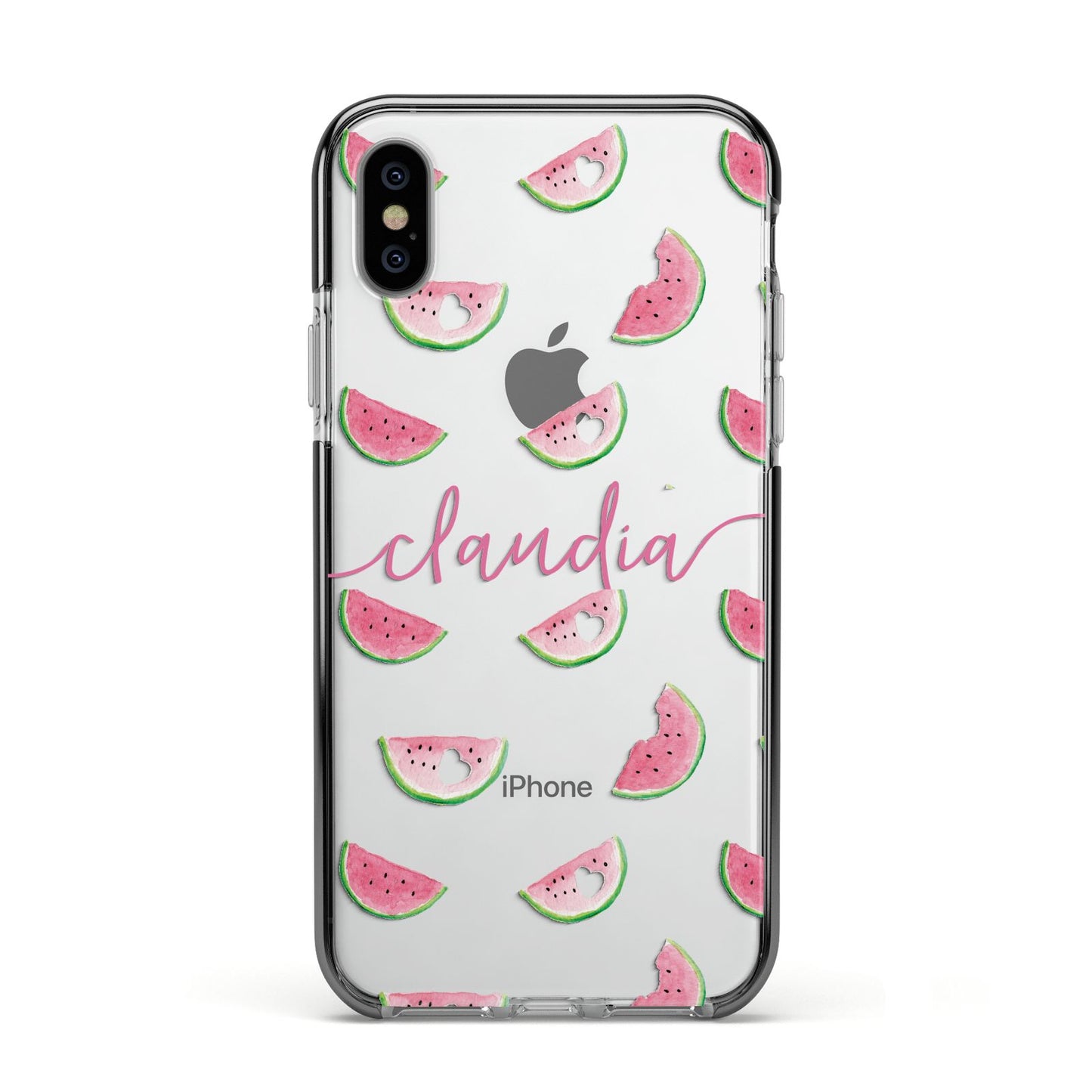 Personalised Transparent Watermelon Apple iPhone Xs Impact Case Black Edge on Silver Phone