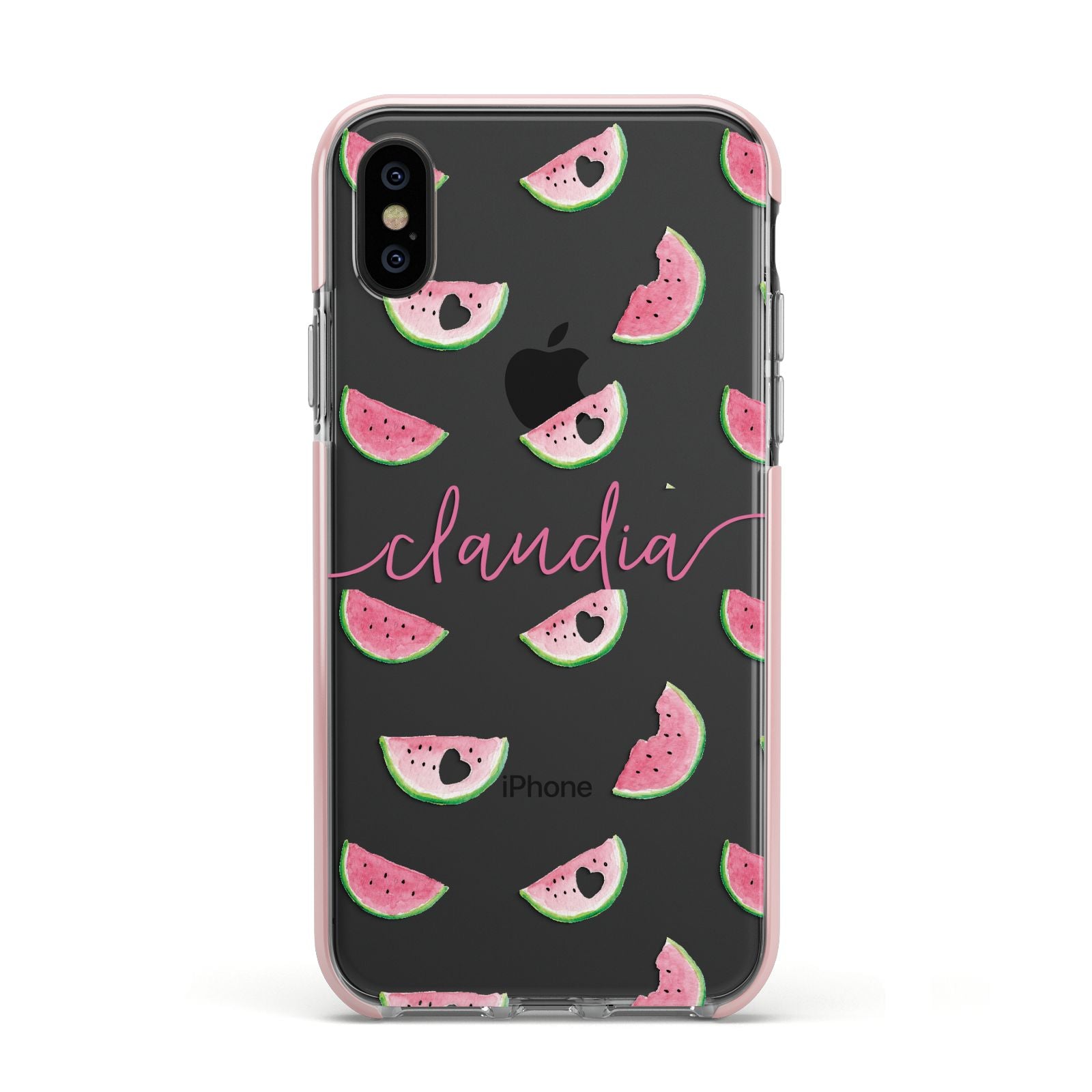 Personalised Transparent Watermelon Apple iPhone Xs Impact Case Pink Edge on Black Phone