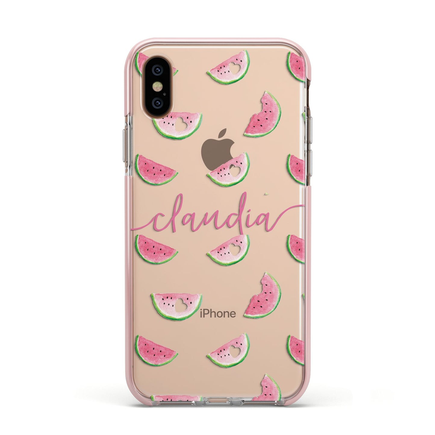 Personalised Transparent Watermelon Apple iPhone Xs Impact Case Pink Edge on Gold Phone