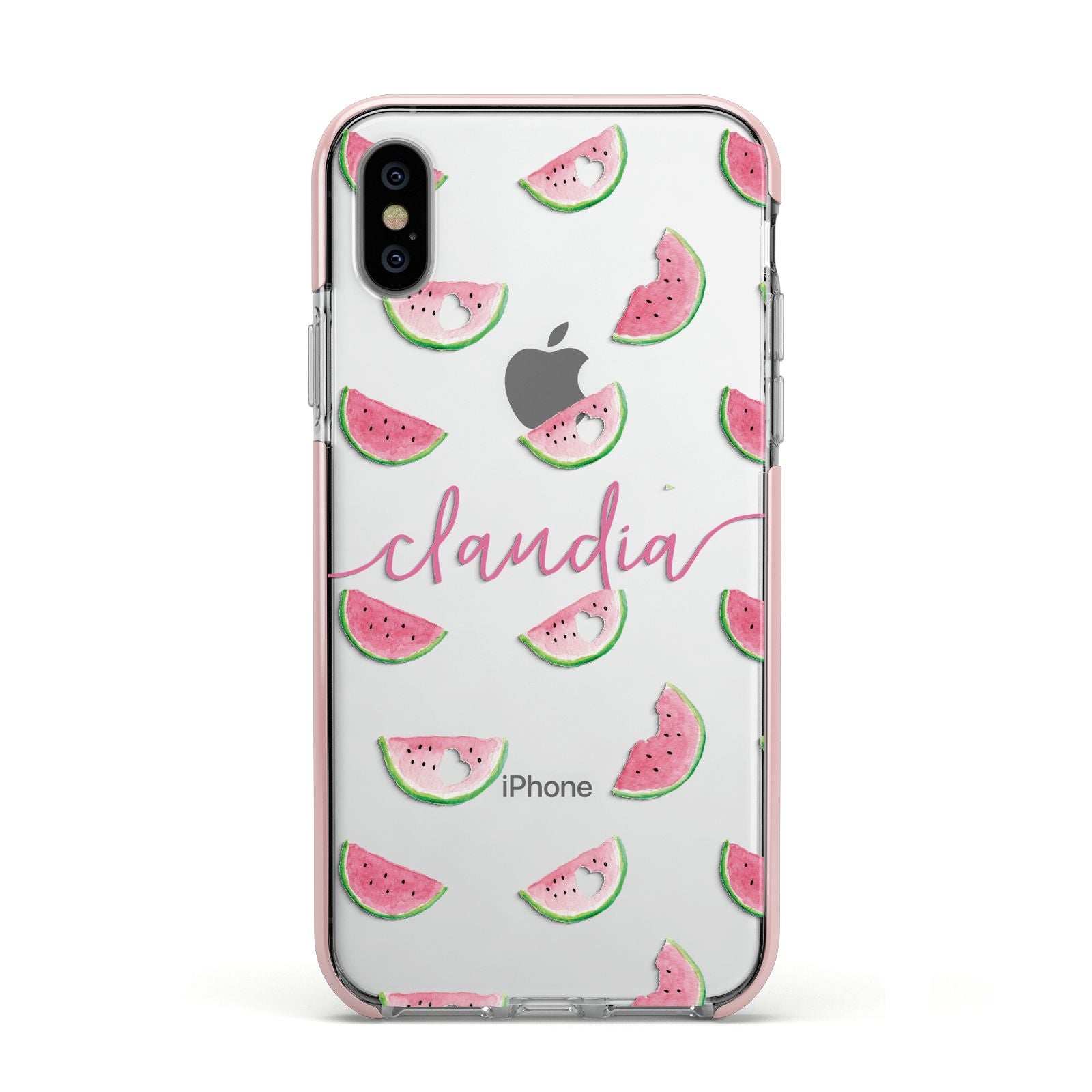 Personalised Transparent Watermelon Apple iPhone Xs Impact Case Pink Edge on Silver Phone