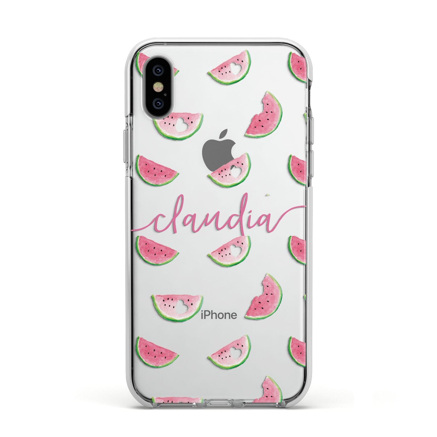 Personalised Transparent Watermelon Apple iPhone Xs Impact Case White Edge on Silver Phone