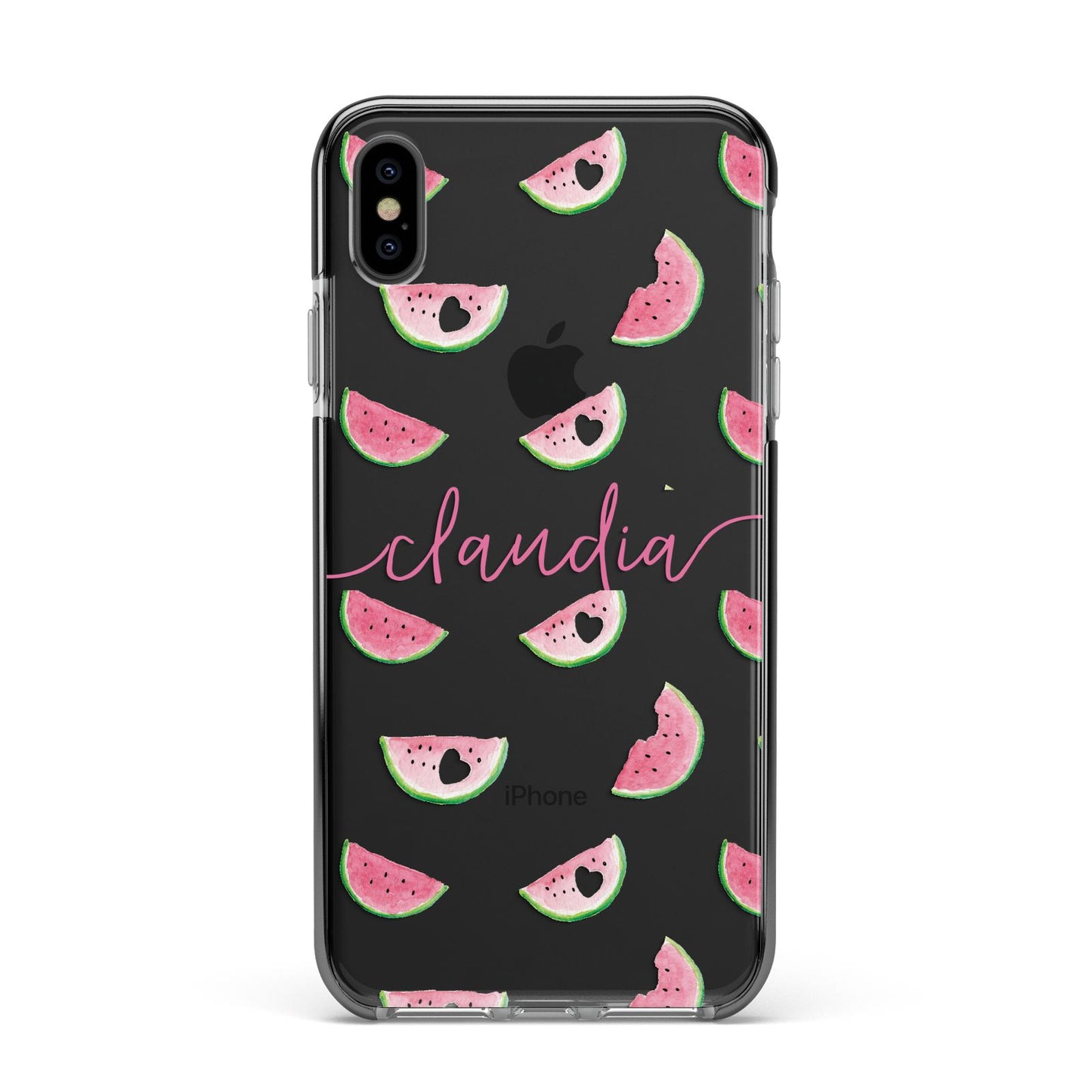 Personalised Transparent Watermelon Apple iPhone Xs Max Impact Case Black Edge on Black Phone