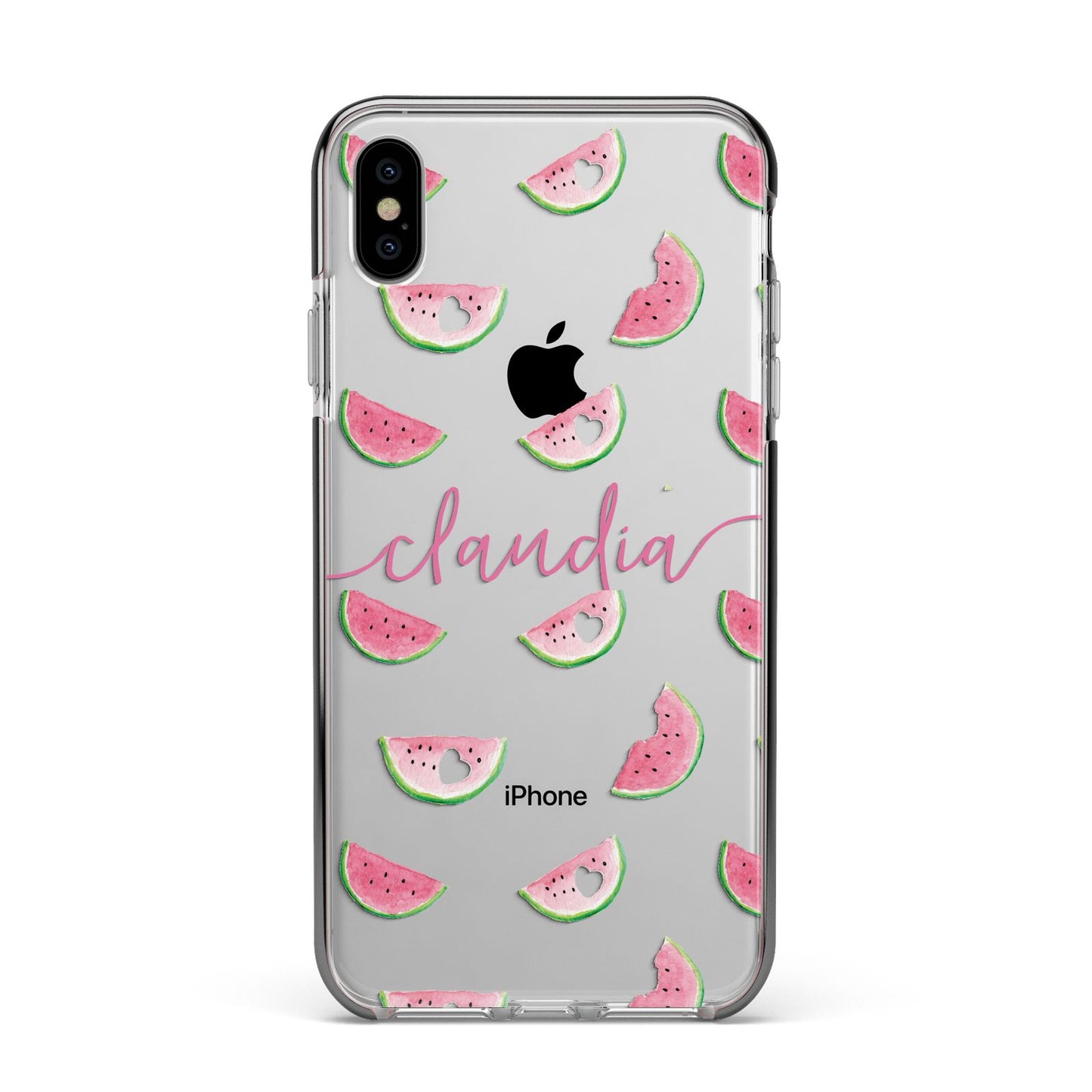 Personalised Transparent Watermelon Apple iPhone Xs Max Impact Case Black Edge on Silver Phone