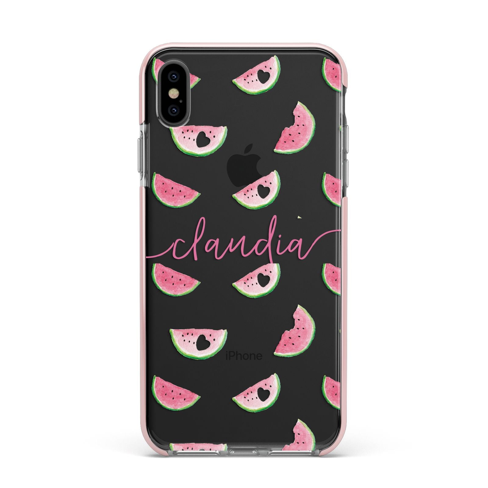 Personalised Transparent Watermelon Apple iPhone Xs Max Impact Case Pink Edge on Black Phone