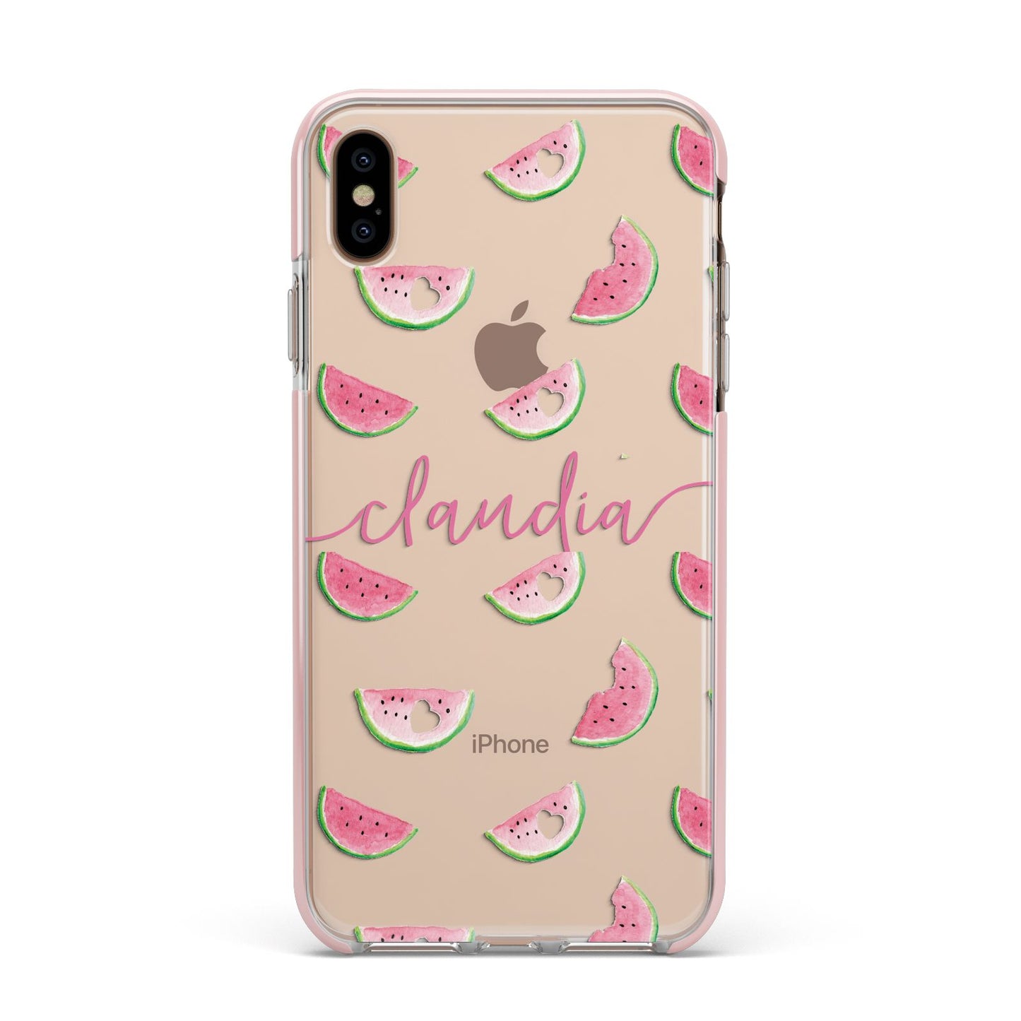 Personalised Transparent Watermelon Apple iPhone Xs Max Impact Case Pink Edge on Gold Phone