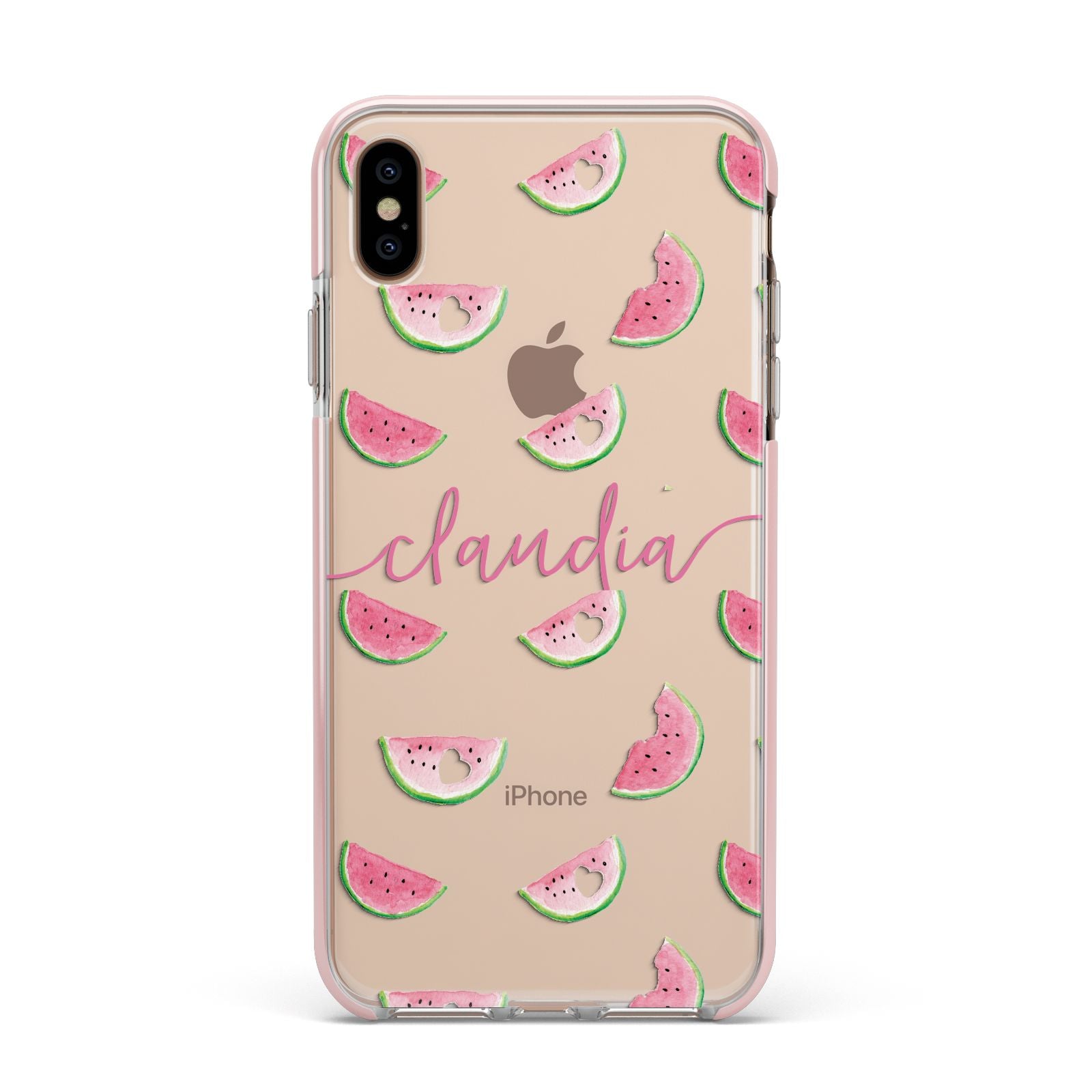 Personalised Transparent Watermelon Apple iPhone Xs Max Impact Case Pink Edge on Gold Phone