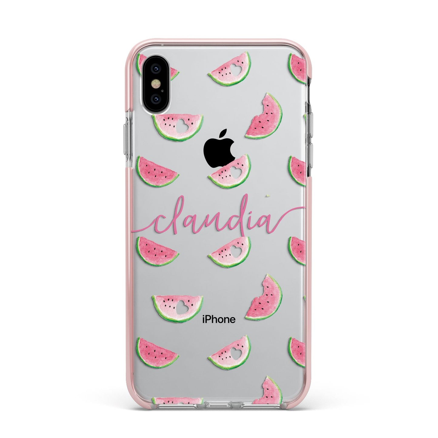 Personalised Transparent Watermelon Apple iPhone Xs Max Impact Case Pink Edge on Silver Phone