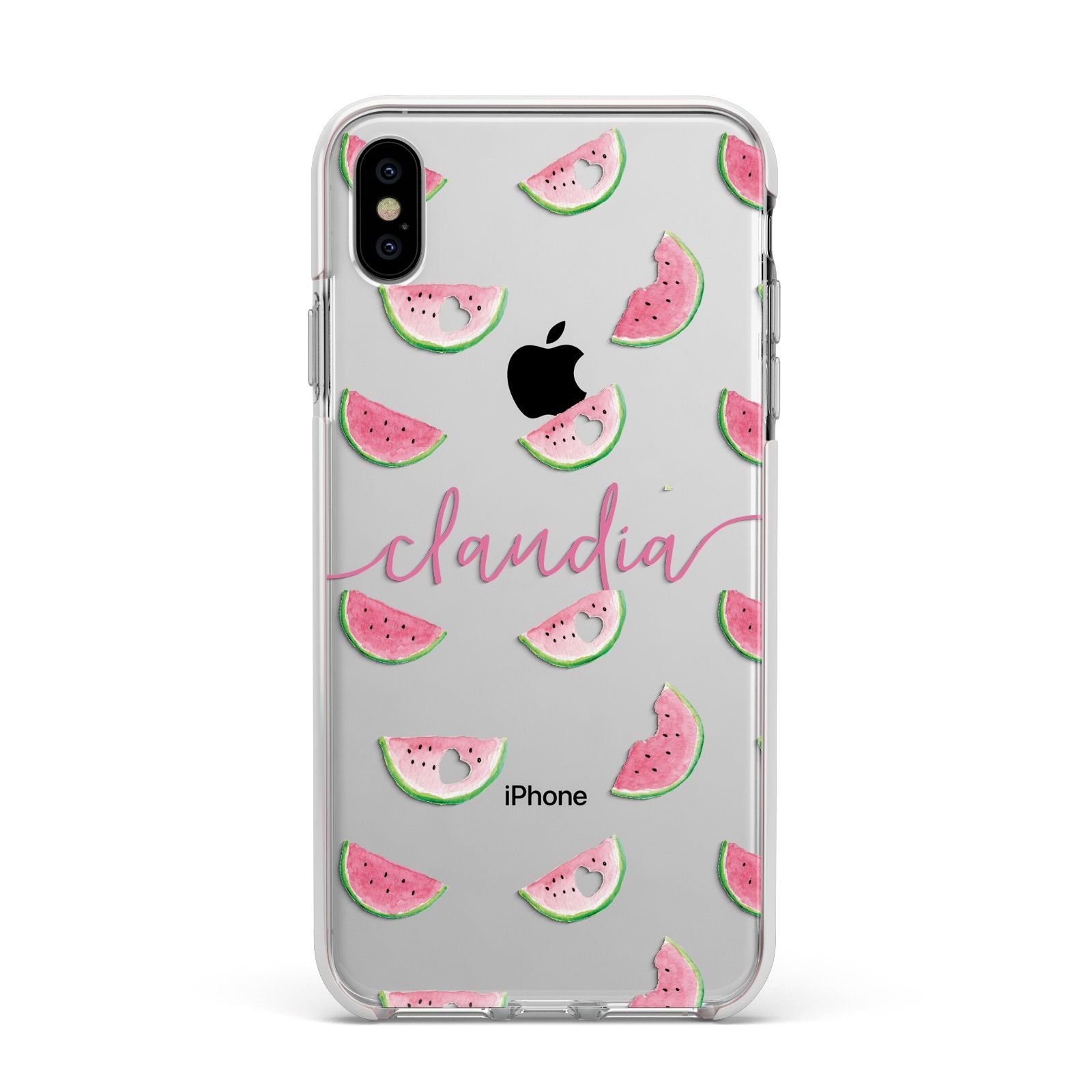 Personalised Transparent Watermelon Apple iPhone Xs Max Impact Case White Edge on Silver Phone