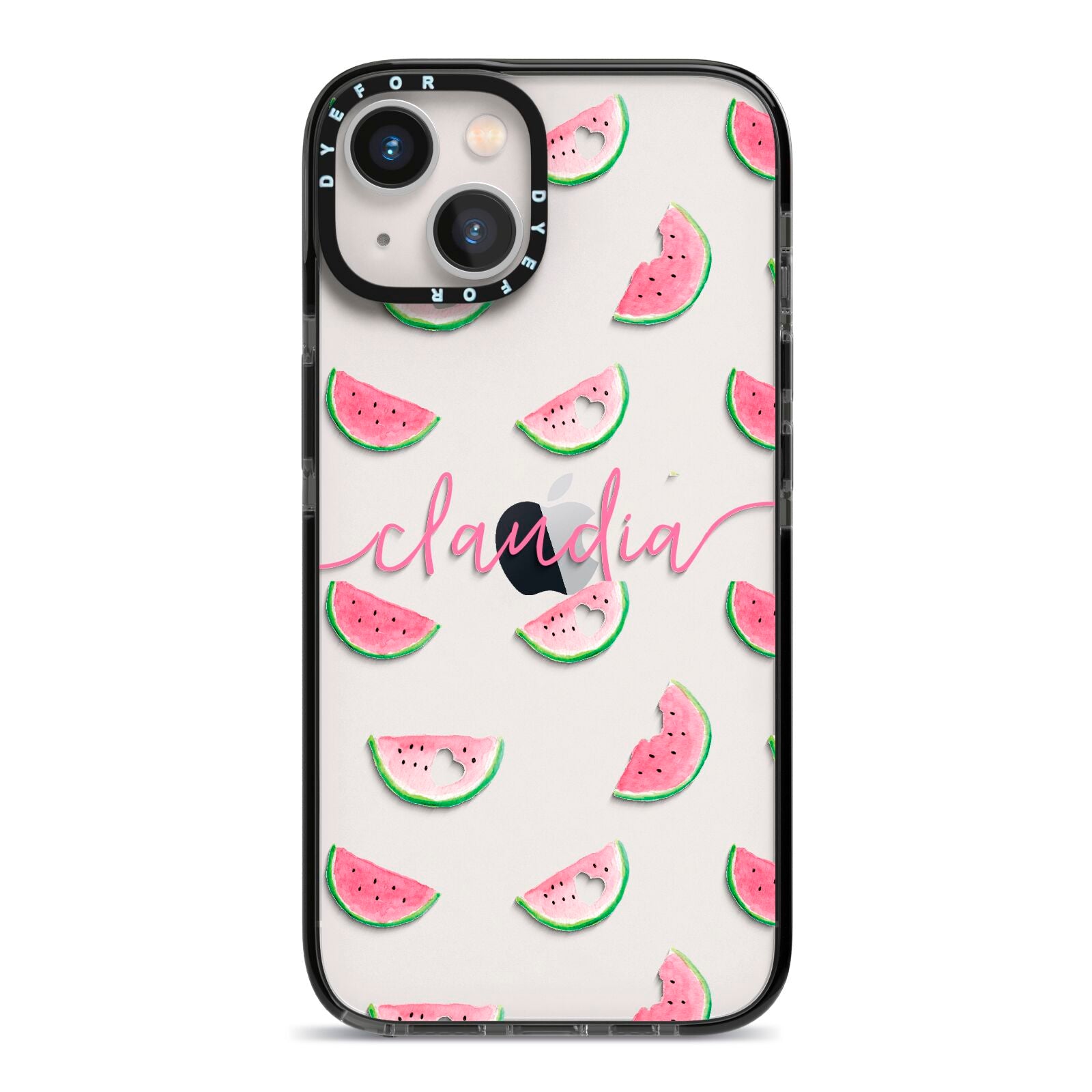 Personalised Transparent Watermelon iPhone 13 Black Impact Case on Silver phone