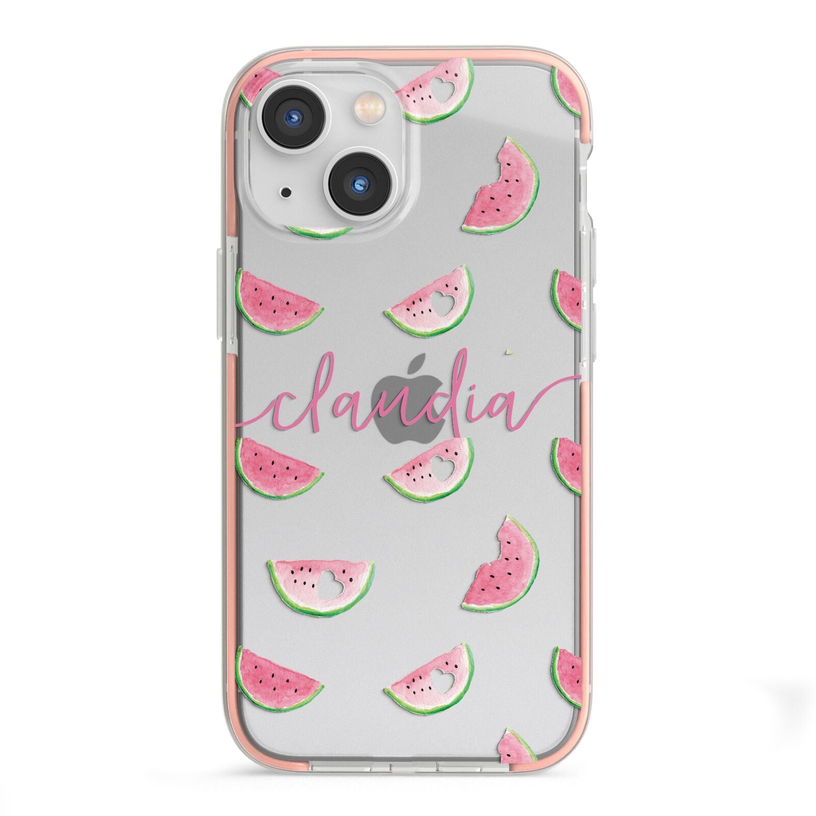 Personalised Transparent Watermelon iPhone 13 Mini TPU Impact Case with Pink Edges