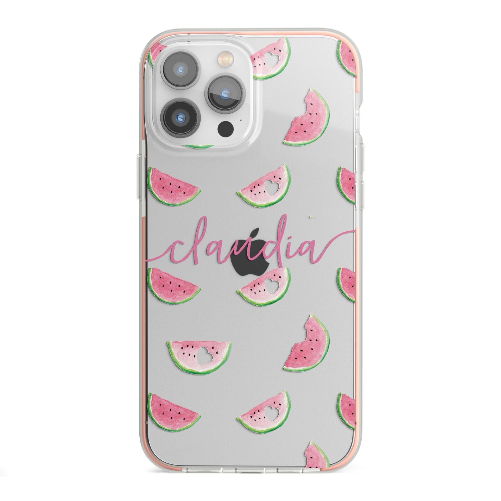 Personalised Transparent Watermelon iPhone 13 Pro Max TPU Impact Case with Pink Edges