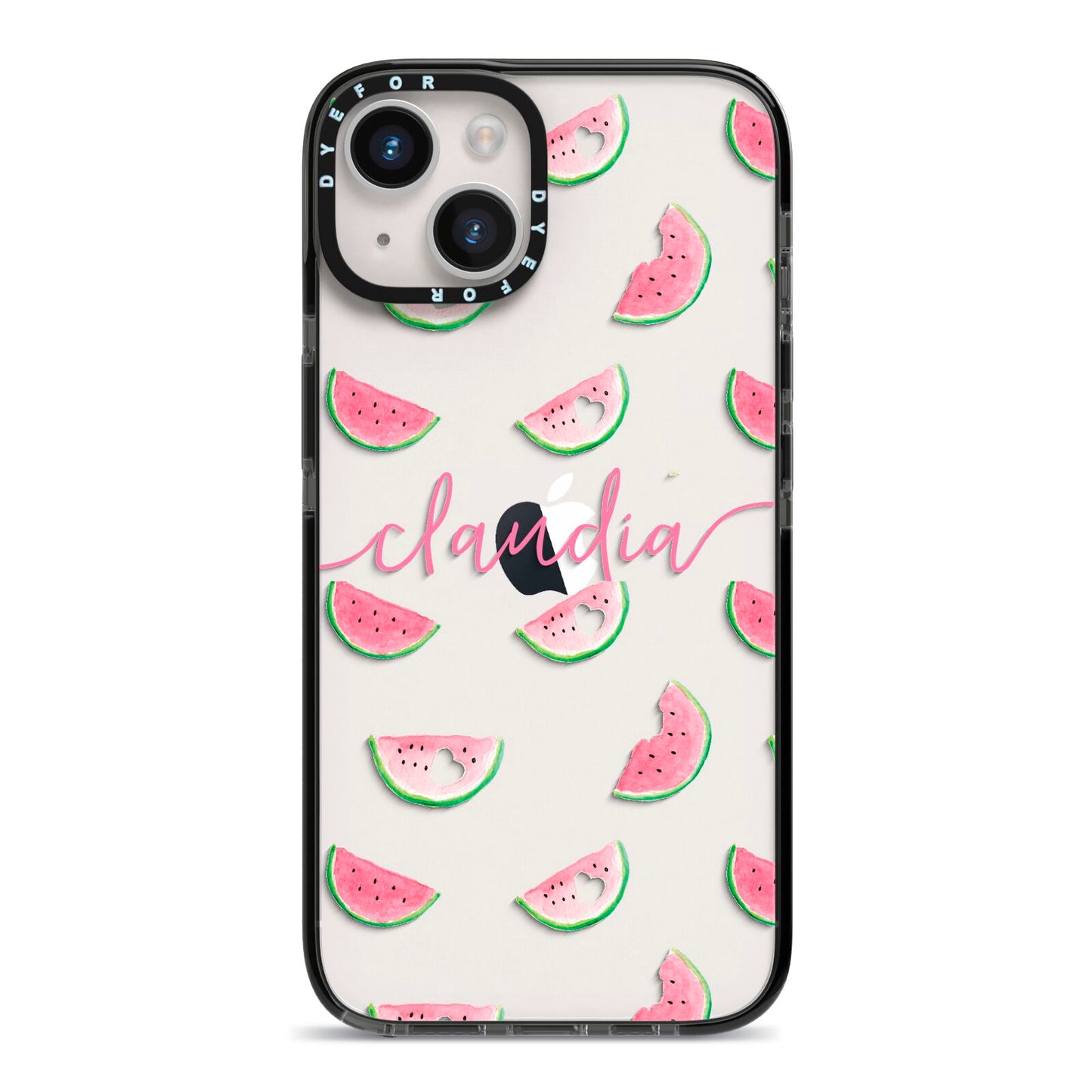 Personalised Transparent Watermelon iPhone 14 Black Impact Case on Silver phone