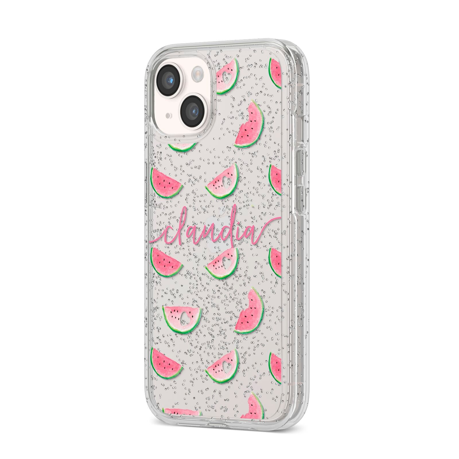 Personalised Transparent Watermelon iPhone 14 Glitter Tough Case Starlight Angled Image