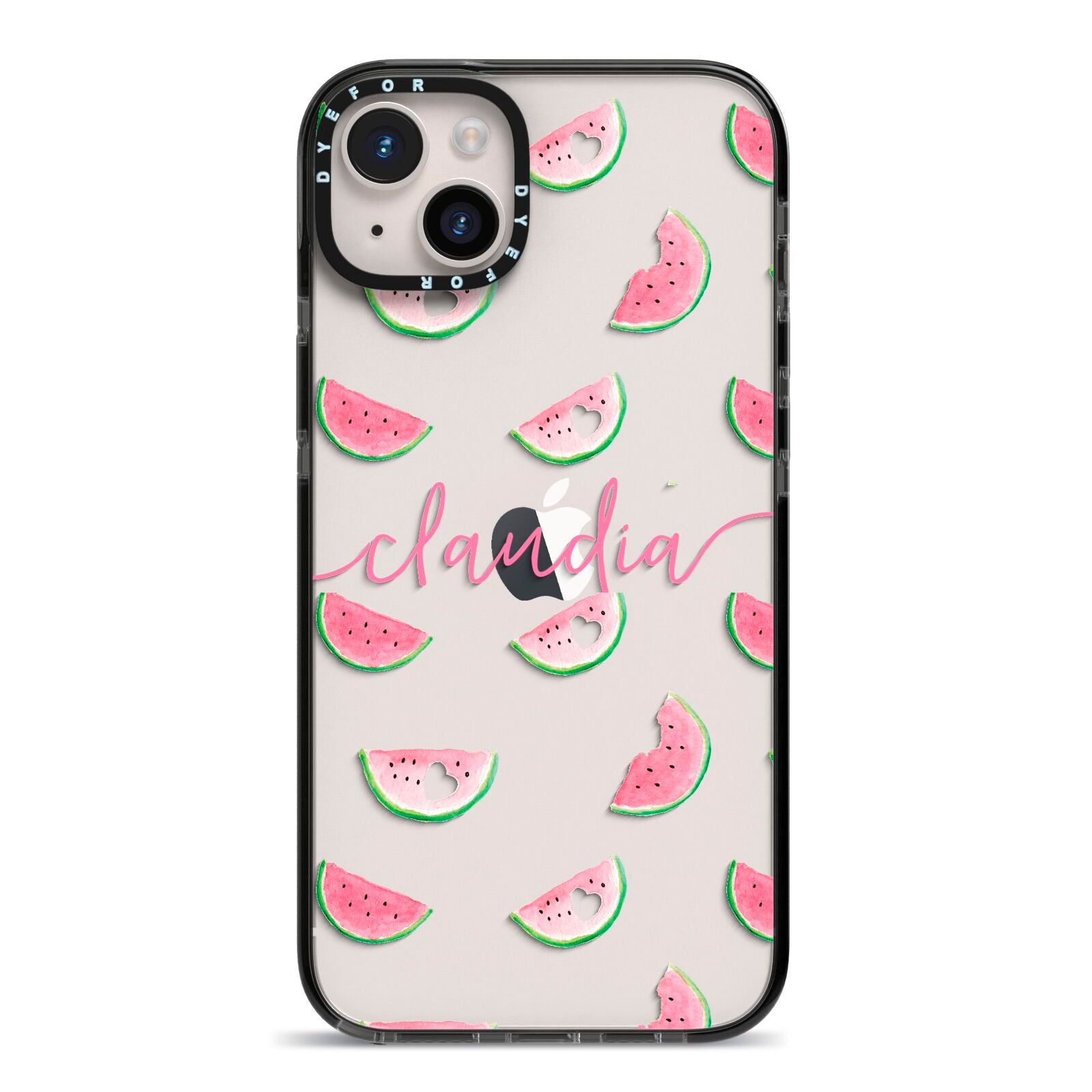 Personalised Transparent Watermelon iPhone 14 Plus Black Impact Case on Silver phone