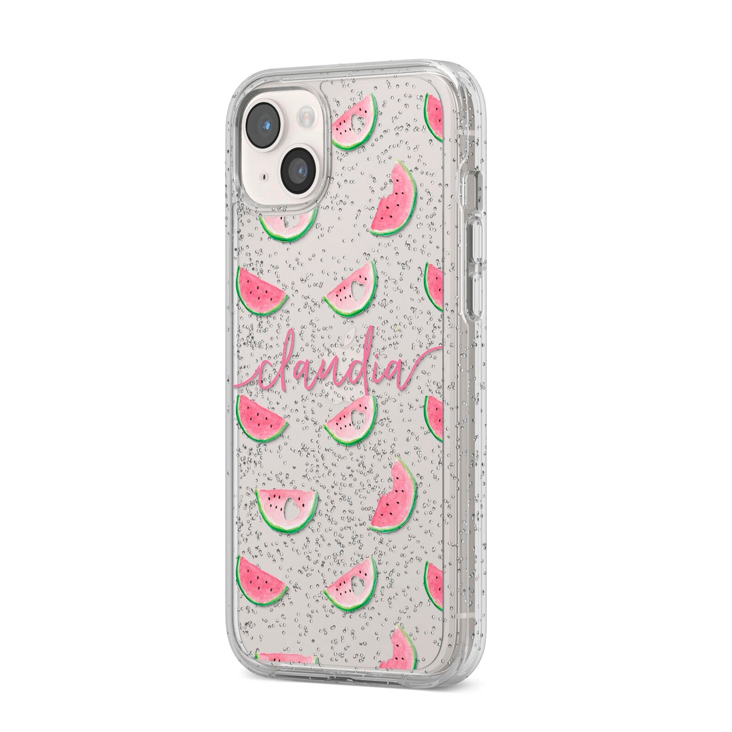 Personalised Transparent Watermelon iPhone 14 Plus Glitter Tough Case Starlight Angled Image