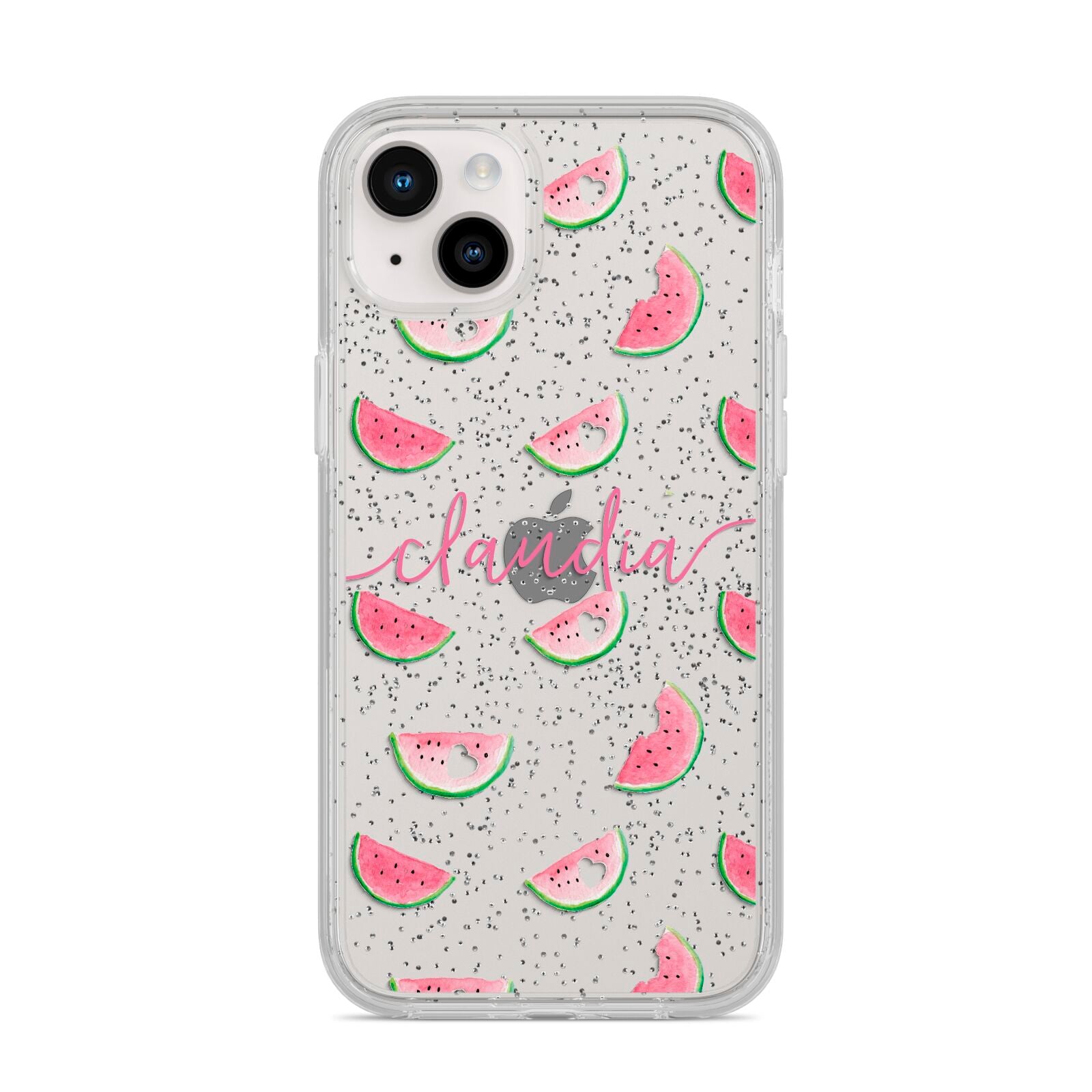 Personalised Transparent Watermelon iPhone 14 Plus Glitter Tough Case Starlight