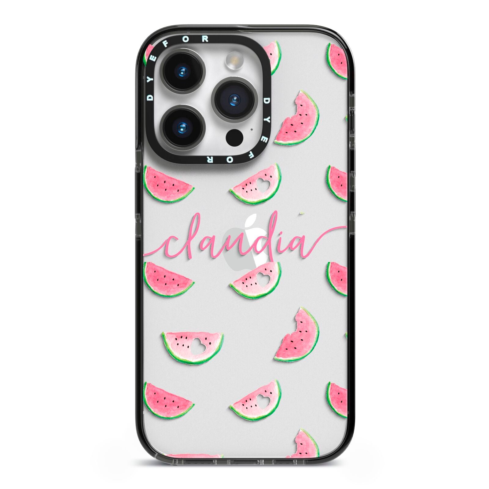 Personalised Transparent Watermelon iPhone 14 Pro Black Impact Case on Silver phone