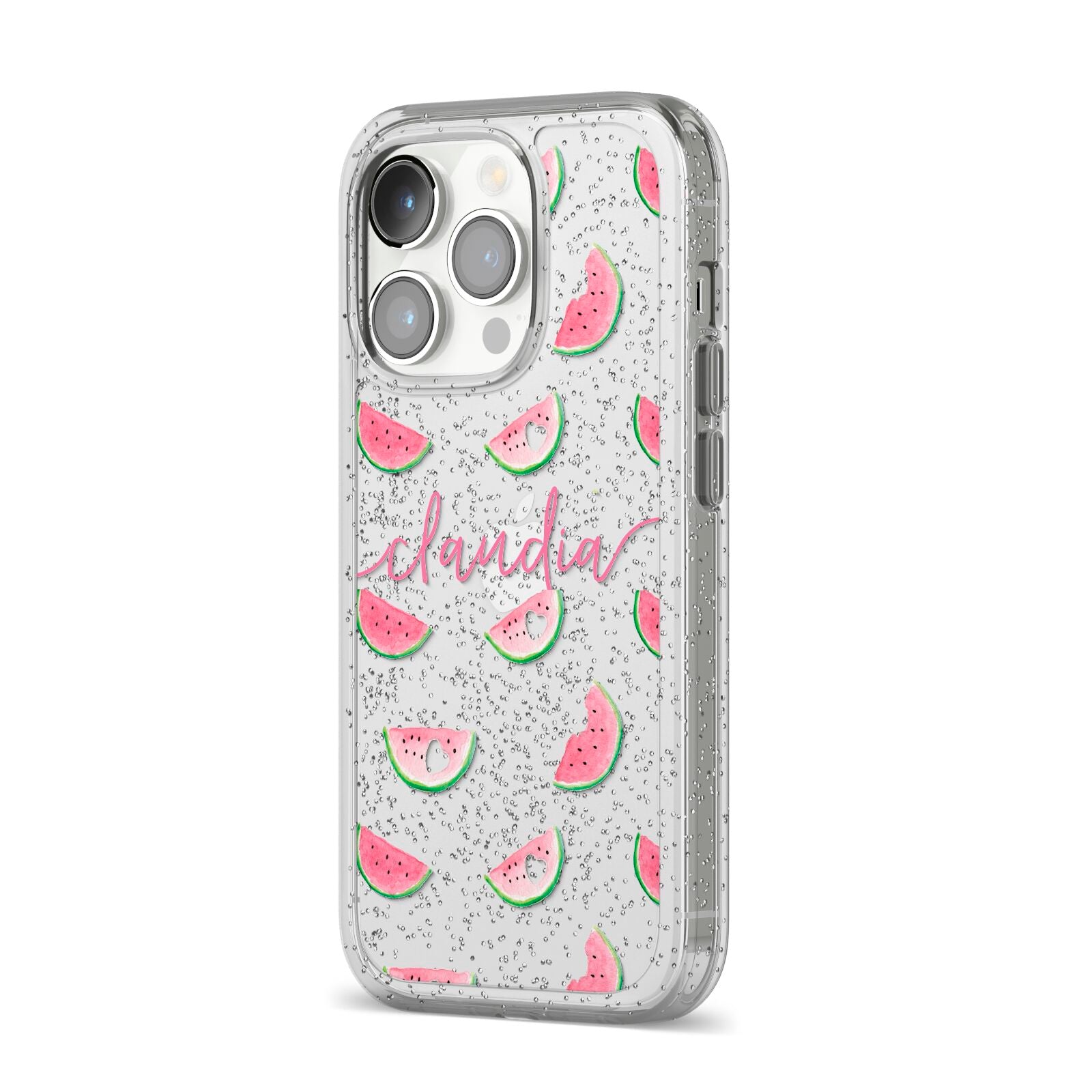 Personalised Transparent Watermelon iPhone 14 Pro Glitter Tough Case Silver Angled Image