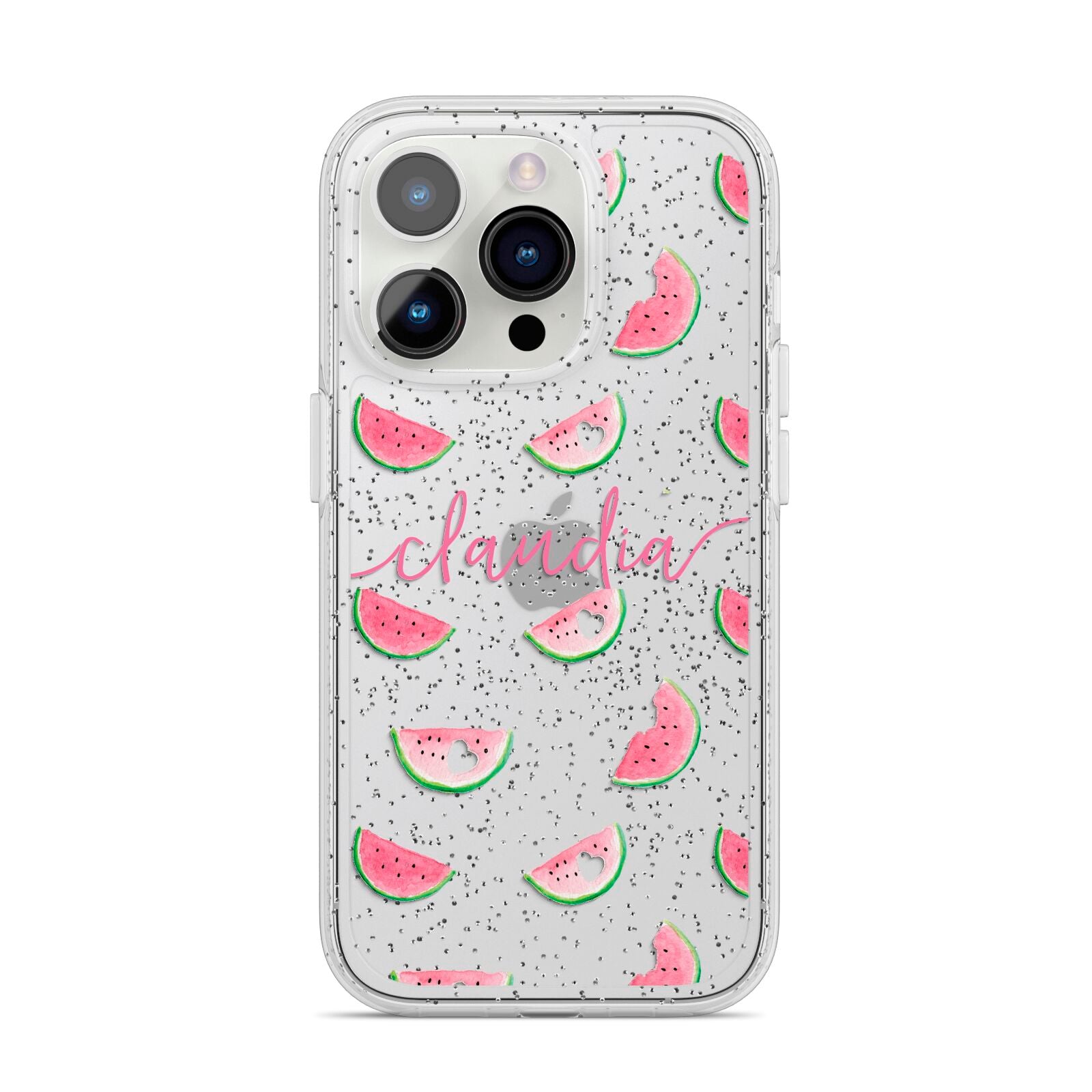 Personalised Transparent Watermelon iPhone 14 Pro Glitter Tough Case Silver