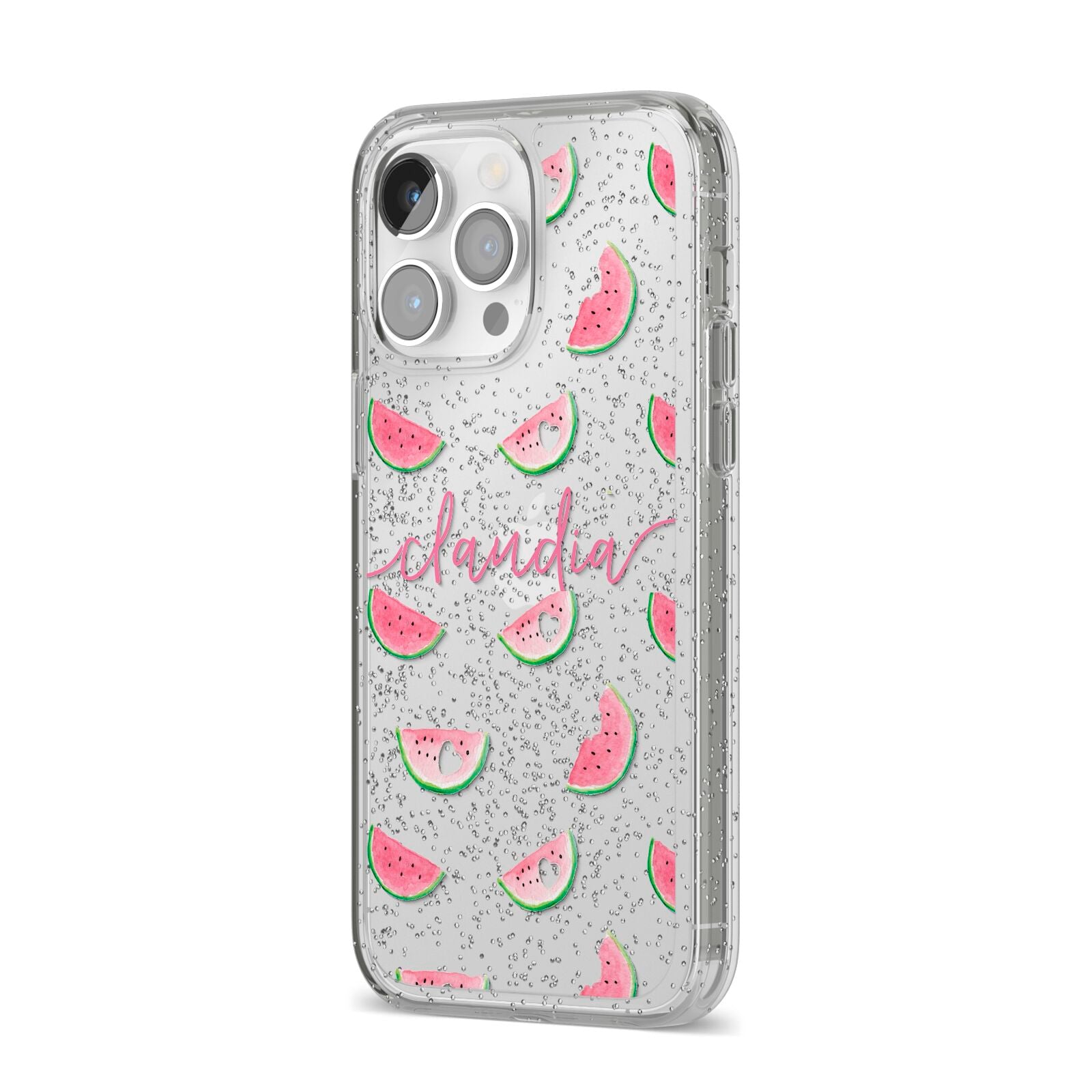 Personalised Transparent Watermelon iPhone 14 Pro Max Glitter Tough Case Silver Angled Image