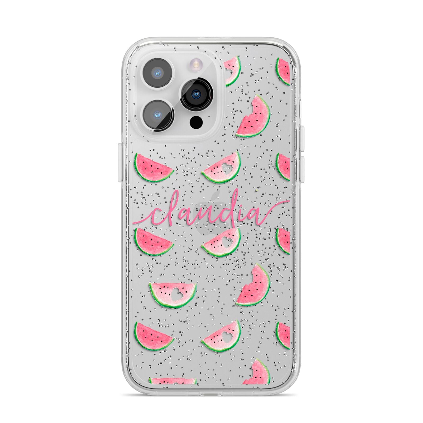 Personalised Transparent Watermelon iPhone 14 Pro Max Glitter Tough Case Silver