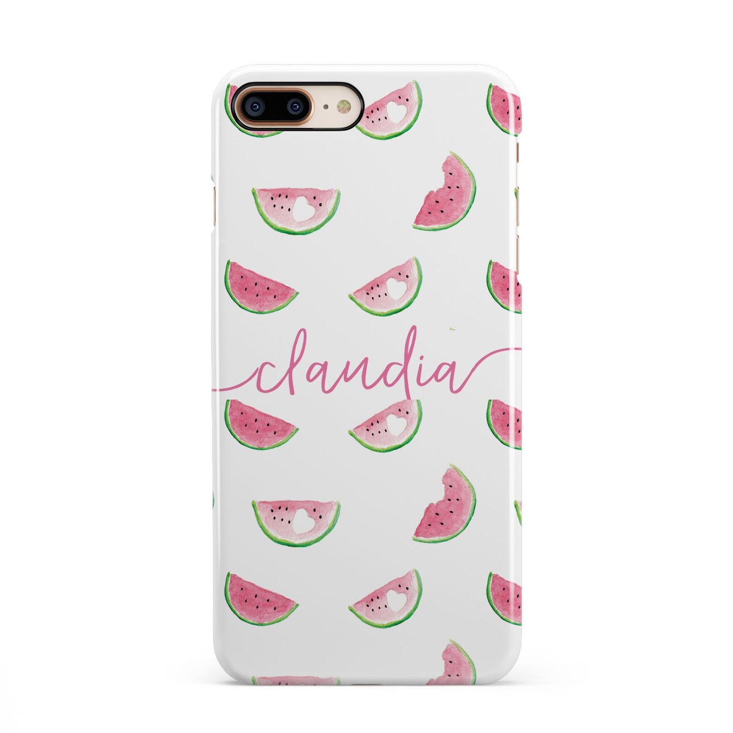 Personalised Transparent Watermelon iPhone 8 Plus 3D Snap Case on Gold Phone